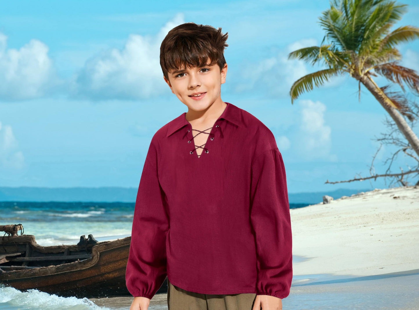 Kids Medieval Viking Pirate Renaissance Retro Costume Shirt For Boys Halloween Party Cosplay 3-4T Red