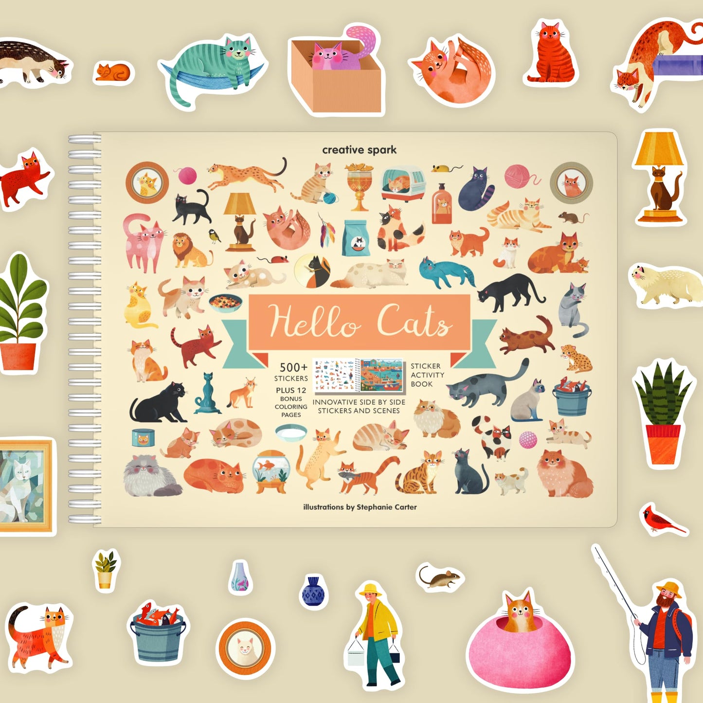 Cupkin Hello Cats Sticker Book Activity For Kids, Toddler Airplane Travel Essentials, 500+ Stickers For Kids 12 Scenes + Colorin