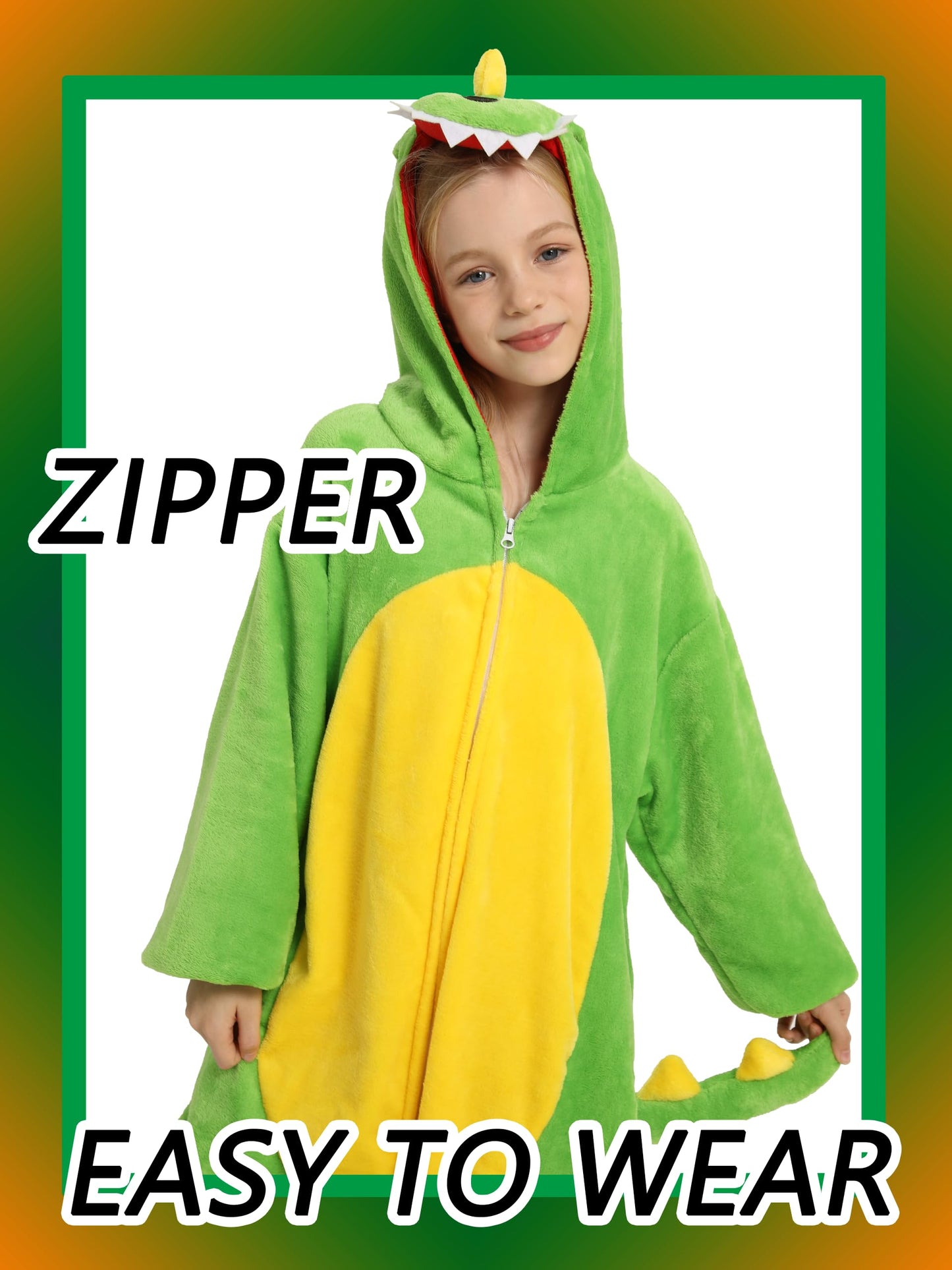 Lonulain Unisex Kids Animal Oneise Pajamas, Boys Girls Flannel Hooded Halloween Cosplay Costume/Homewear/Sleepwear (Dinosaur,9-1