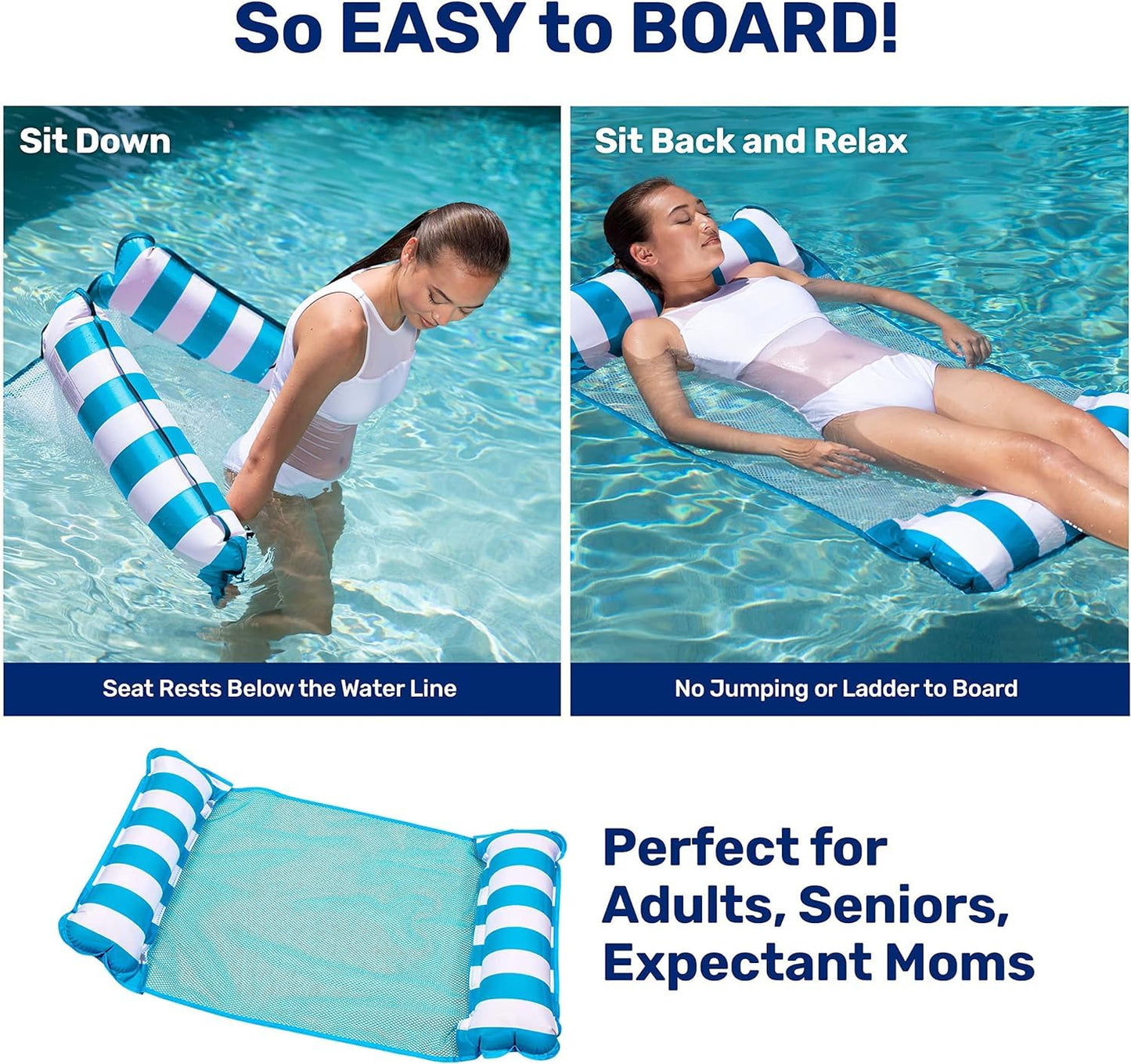 3 Pack - Aqua Original 4-in-1 Monterey Hammock, Inflatable Pool Floats for Adults, Patented Thick, Non-Stick PVC Material, 2 Lig