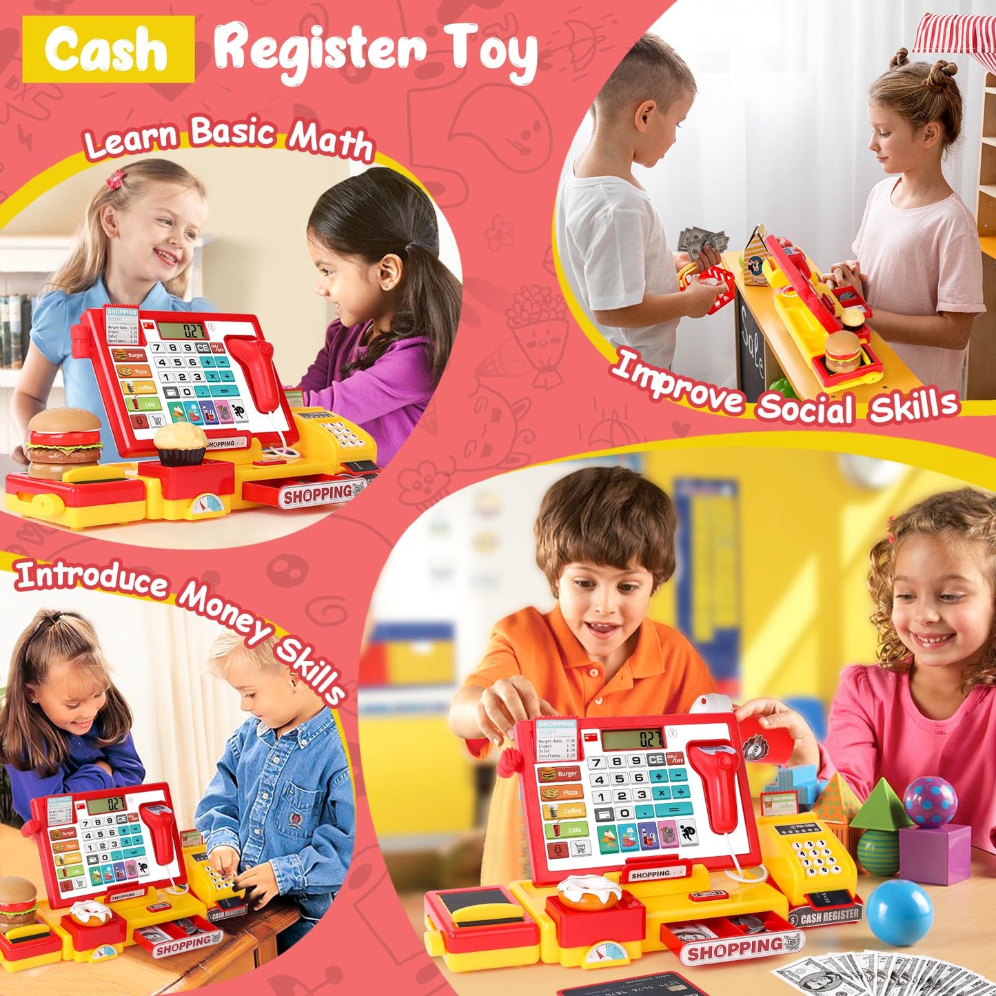 maysida Cash Register Toy for Kids, Pretend Play Store with Fast Food Burger/Scanner/Credit Card/Play Money/Microphone Birthday