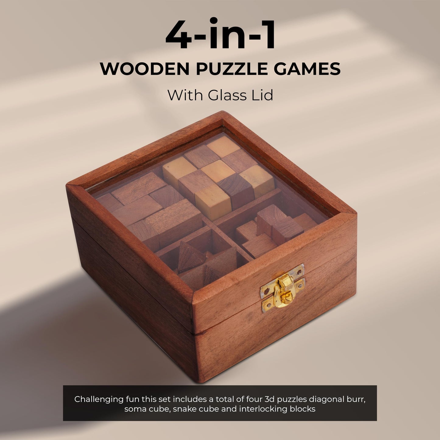 Ajuny 4-In-1 Wooden Puzzle Box - 3D Puzzles & Brain Teaser Games For Adults, Wooden Puzzles, Logic Iq Brain Games, Rustic Decor, Unique Gift For Christmas & Birthday