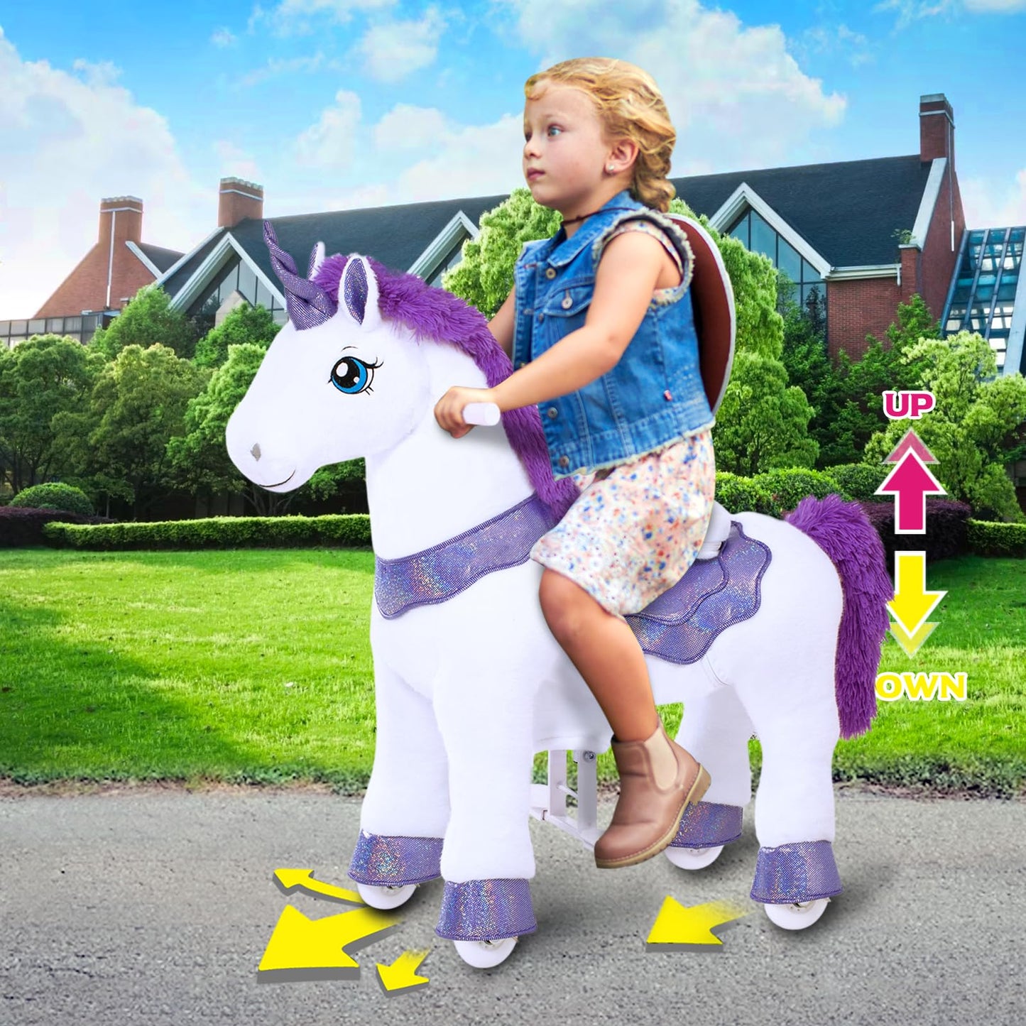 Ponycycle Ride On Unicorn Toys For Girls Horse Spirit Toys Essential Model E Size 4 For Kids Age 4-8/35.4' Height,Birthday Plush Animal Giddy Up Riding Pony Ride On Toys Purple E413