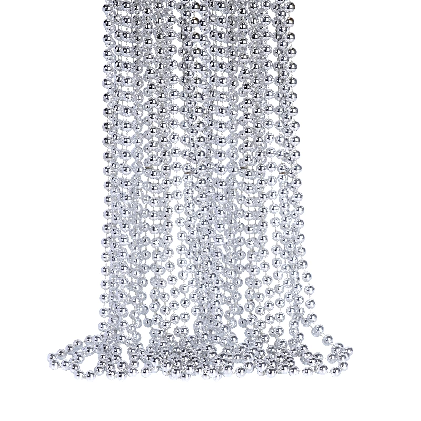 YAXINRUI 33 Inch 7 mm Metallic Sliver Bead Necklaces, 15pcs Mardi Gras Beads Bulk Round Beaded Necklaces Costume Necklace for Ma