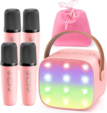 Yll Mini Karaoke Machine For Kids Adults: Portable Loud Speaker With 4 Wireless Microphones -Popular Easter Birthday Party Gifts For Girls Boys 3, 4, 5, 6, 7, 8, 9, 10+ Year Old Toys (Pink-4 Mics)