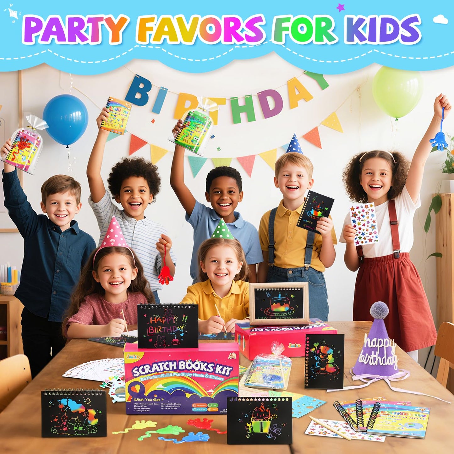 JMMICO 24 Pack Scratch Art Notebook+Sticky Hands+Stickers,Scratch Art Christmas Party Favors for Kids,Birthday Bulk Toys,Christm