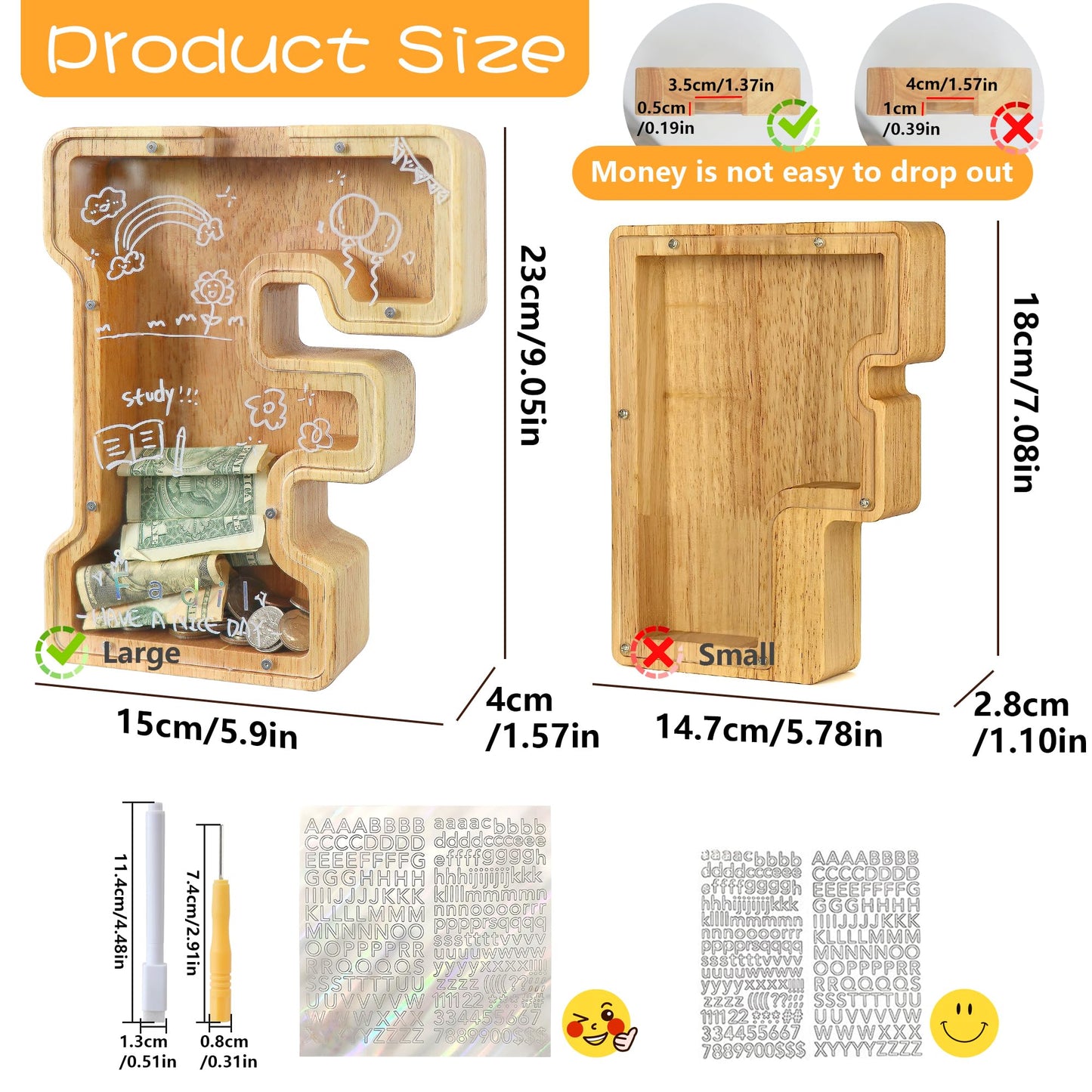 weallbuy Large Letter Piggy Bank for Kids Boys Girls Wooden Personalized Piggy Banks A-Z with Target Area Clear Alphabet Banknote Coin Banks for Gift Decoration Baptism (F)