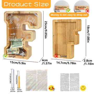weallbuy Large Letter Piggy Bank for Kids Boys Girls Wooden Personalized Piggy Banks A-Z with Target Area Clear Alphabet Banknote Coin Banks for Gift Decoration Baptism (F)
