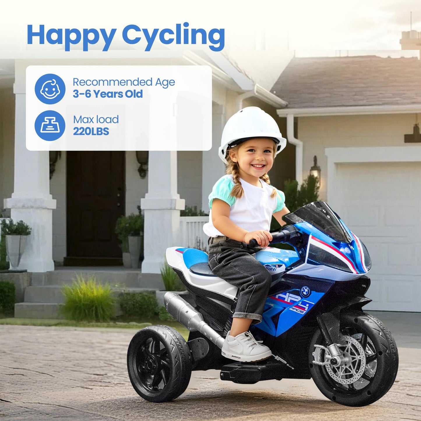 Kiddokidz Licensed BMW Kids Motorcycle - 12V Motorcycle Ride On Toy for Kids Ages 3-5 Years  3-Wheel Electric Motorcycle with Reverse  Headlight  Horn  Music(Blue)