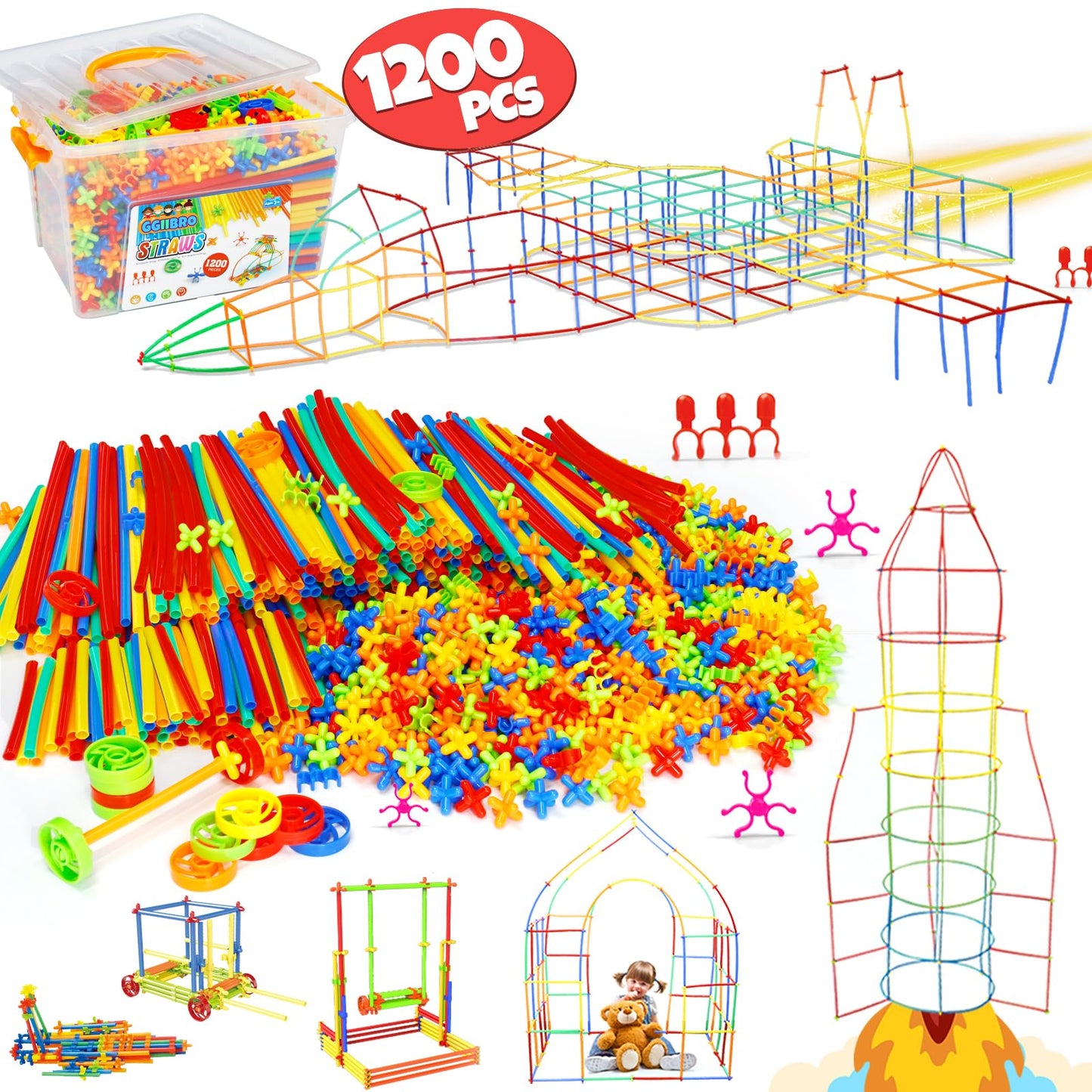 Ggiibro Straw Constructor Toys Stem Building Toys 1200Pcs Toys Aged For 3 4 5 6 7 8+ Interlocking Plastic Toys Engineering Toys