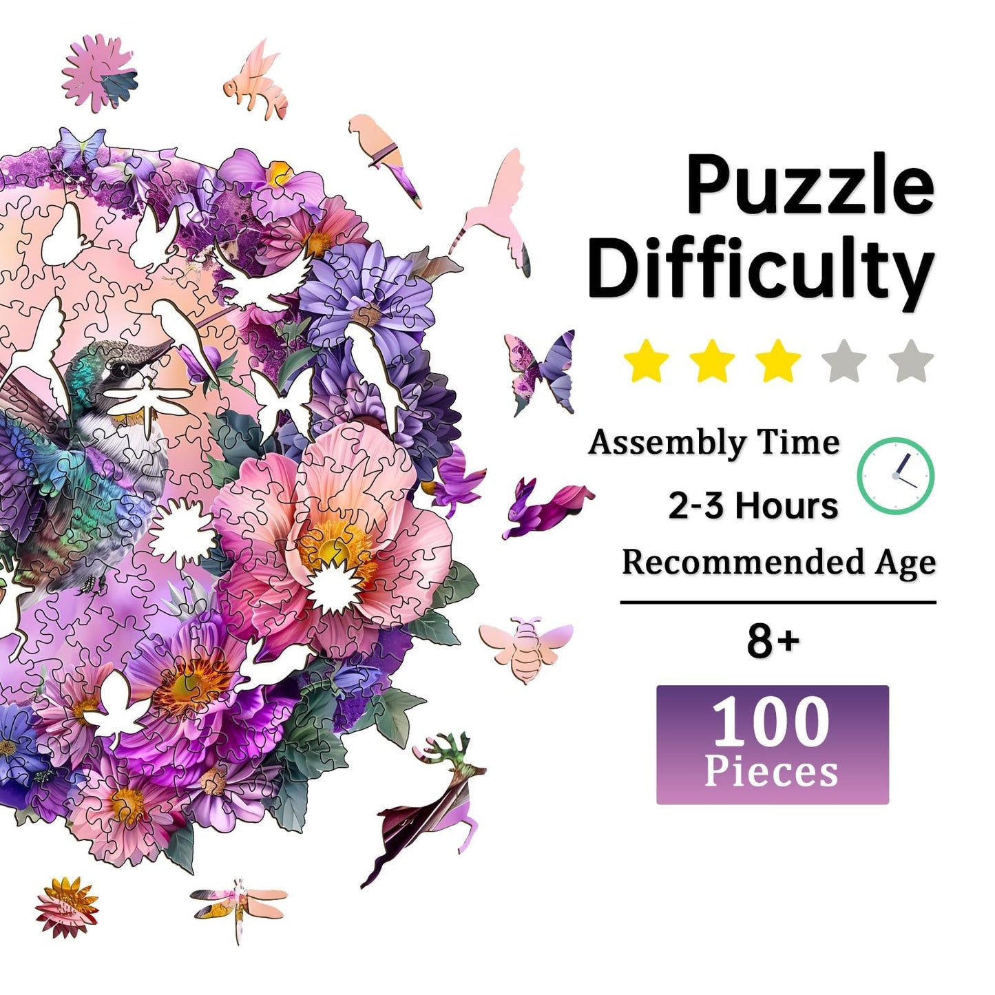 Jigfoxy Wooden Puzzles for mature-themeds  Hummingbird Wood Puzzles mature-themed  Unique Animal Shape Wooden Jigsaw Puzzles  Birthday Gifts for Puzzles Lovers Family Friend (S-8.4 * 8.1in-100 pcs)