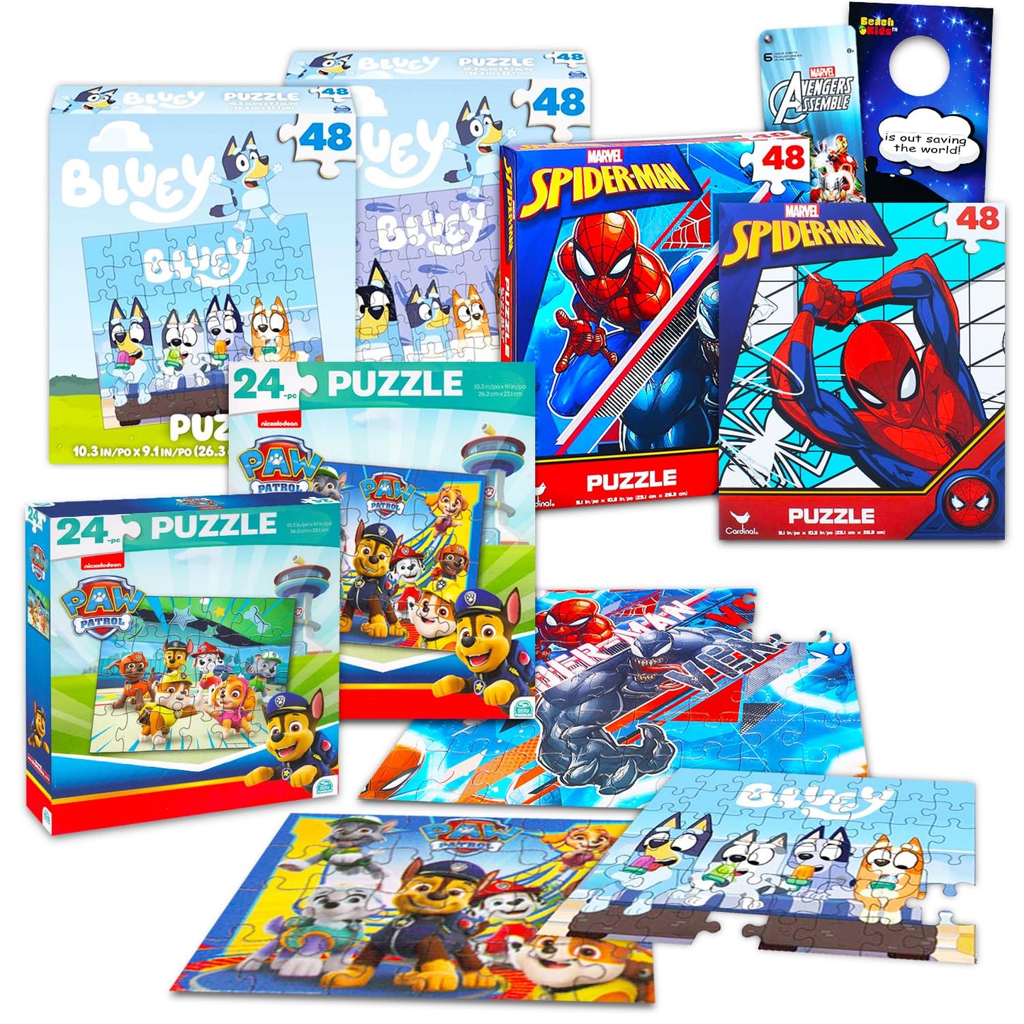 6 Pack Bluey, Spiderman, and Paw Patrol 24 Piece Jigsaw Puzzles Set - Bundle with 6 Assorted Puzzles for Boys Plus Stickers, Mor