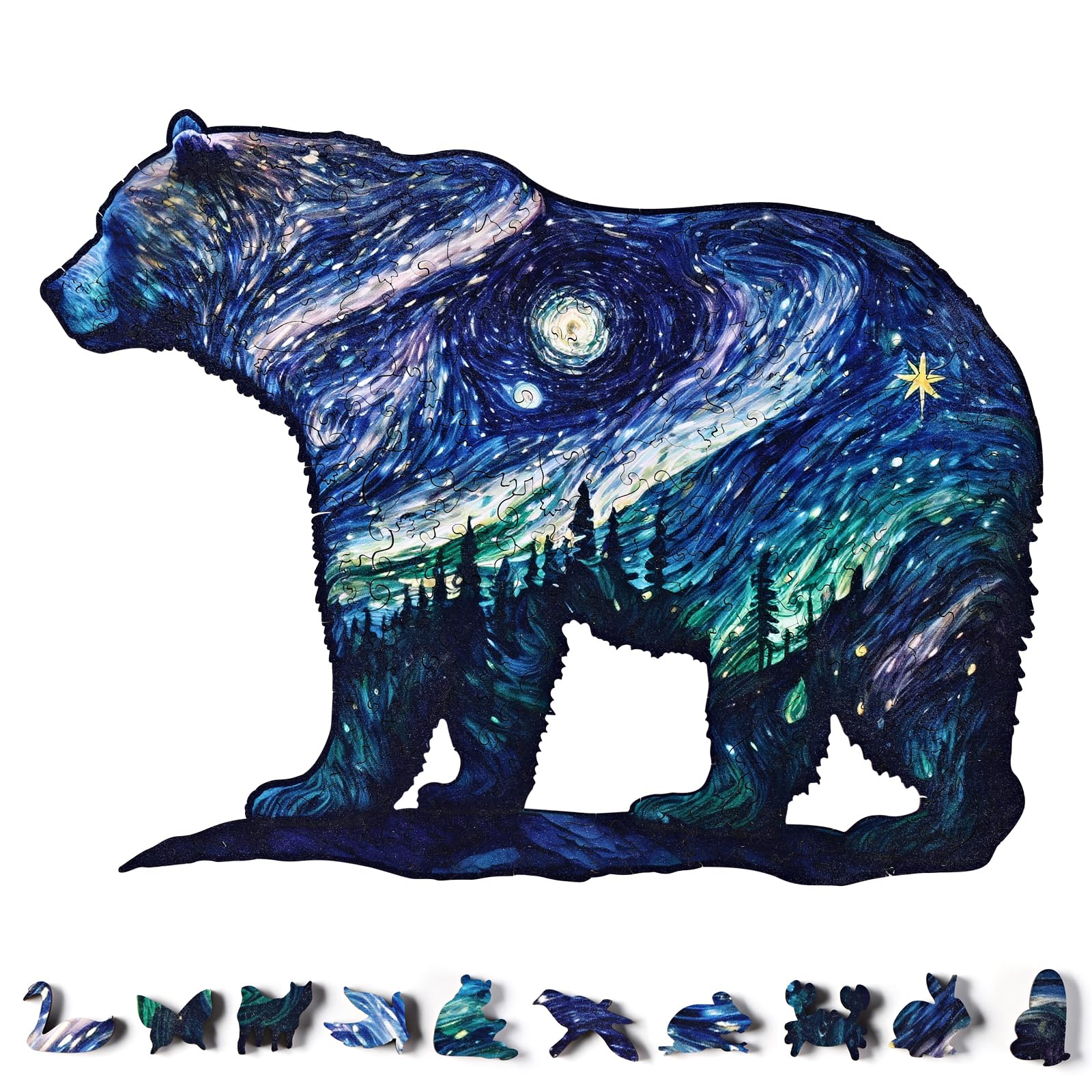 Yjacuing Wooden Jigsaw Puzzles For Adults, 200 Piece Unique Animal Shaped Premium 5Mm Wood Puzzles Family Game (Starry Bear, Med