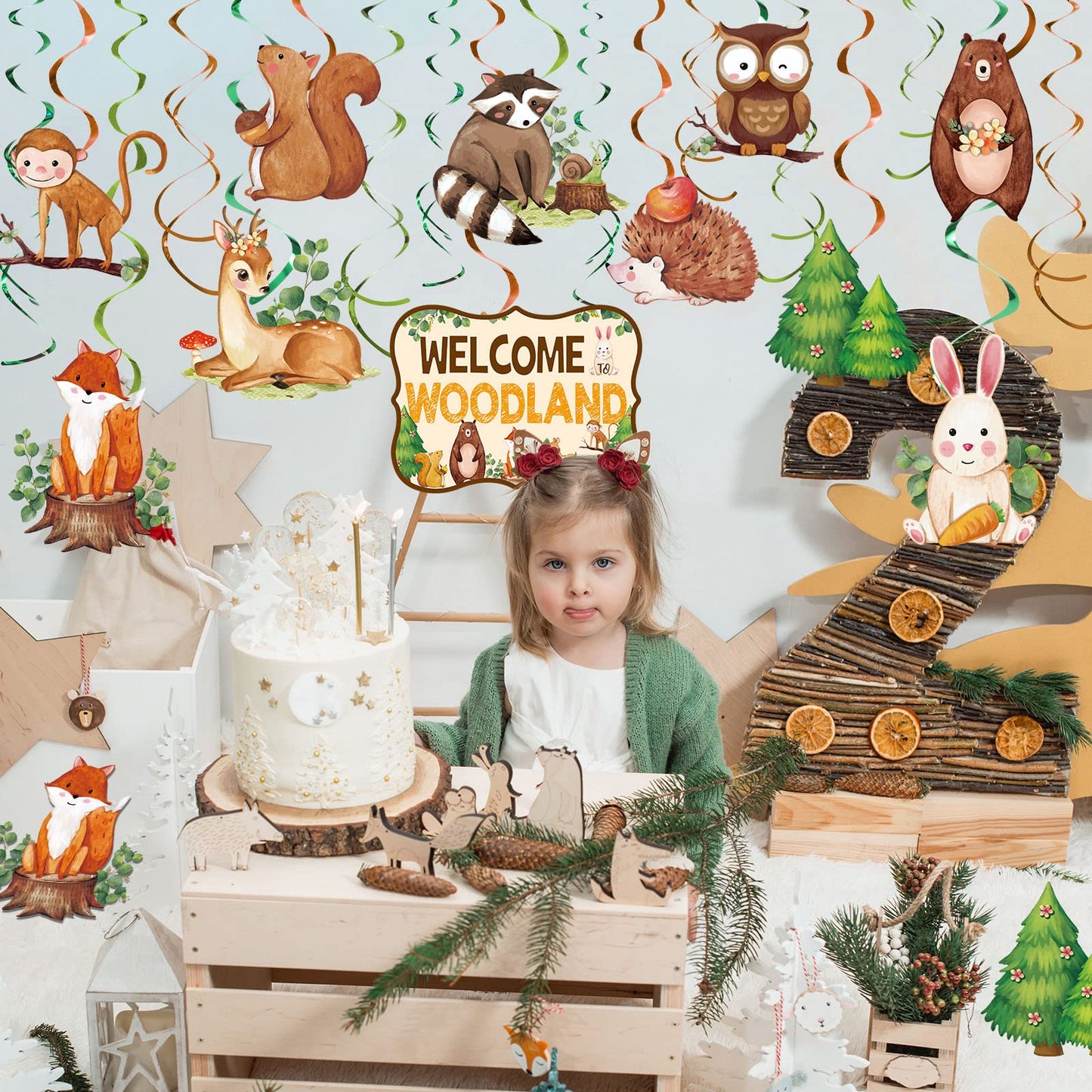 Outus 51 Pieces Woodland Baby Shower Party Decorations Woodland Birthday Hanging Swirl Decorations Forest Animals Creatures Part