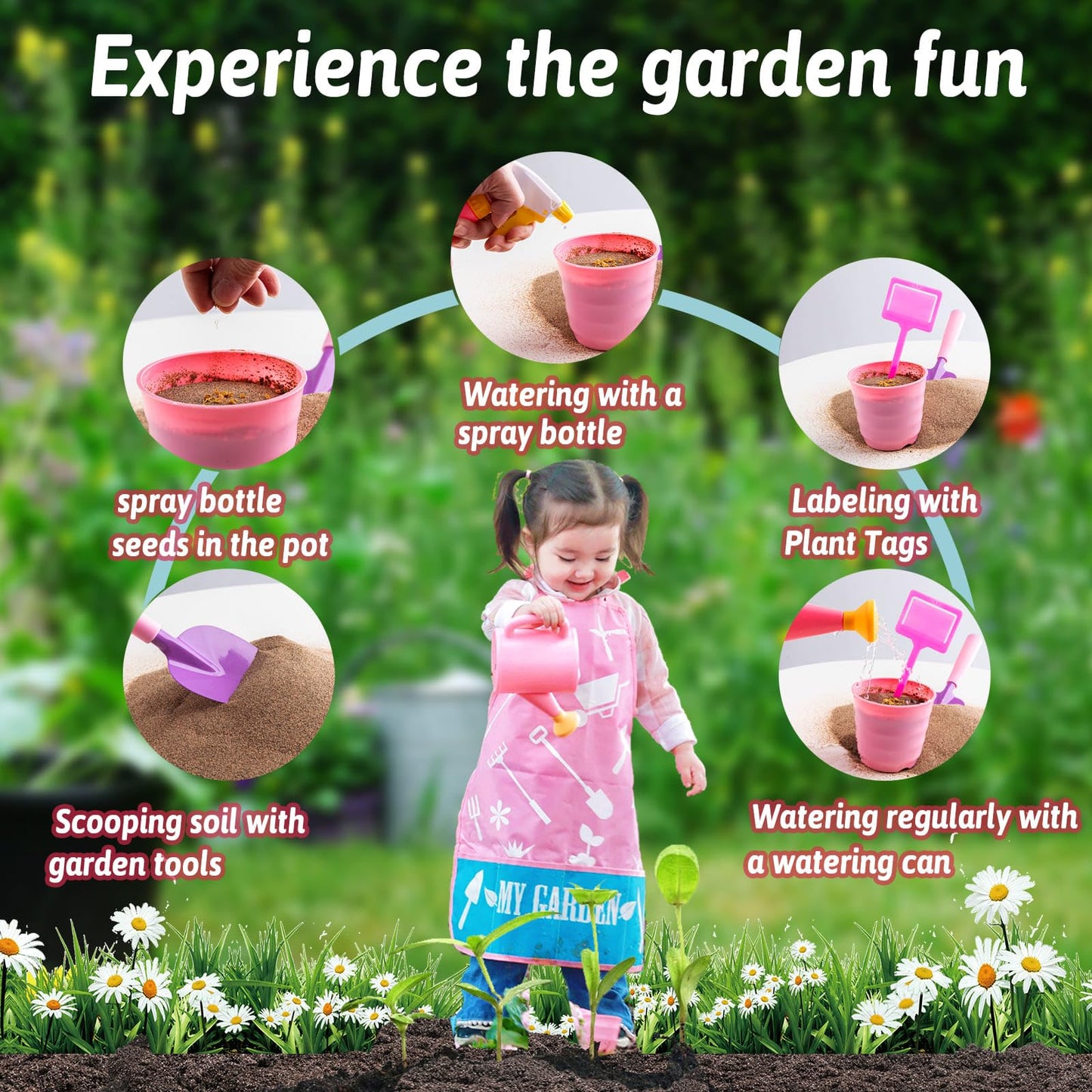 Joi Mew Kids Pink Gardening Tools Set, Garden Toys W/Metal Rake, Shovel, Trowel, Watering Can, Gloves, Tote Bag, Plant Pots, Diy