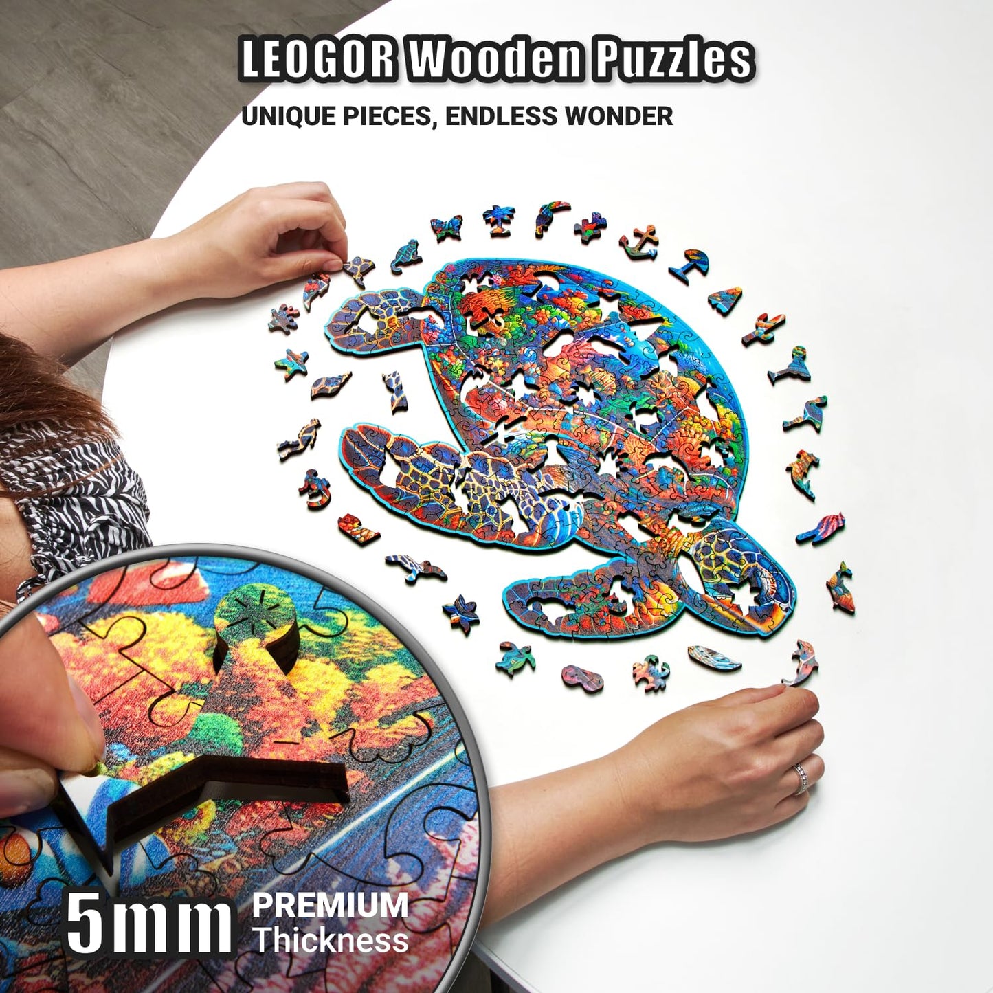 Sea Turtle Voyage - 200 Piece Wooden Puzzles for mature-themeds - 16 x 10.4 in - Extra-Thick 5 mm Wood Puzzle  Hand-Shaped Pieces  Marine Life Mosaic Design - enhanced Gift for Puzzle Lovers by LEOGOR