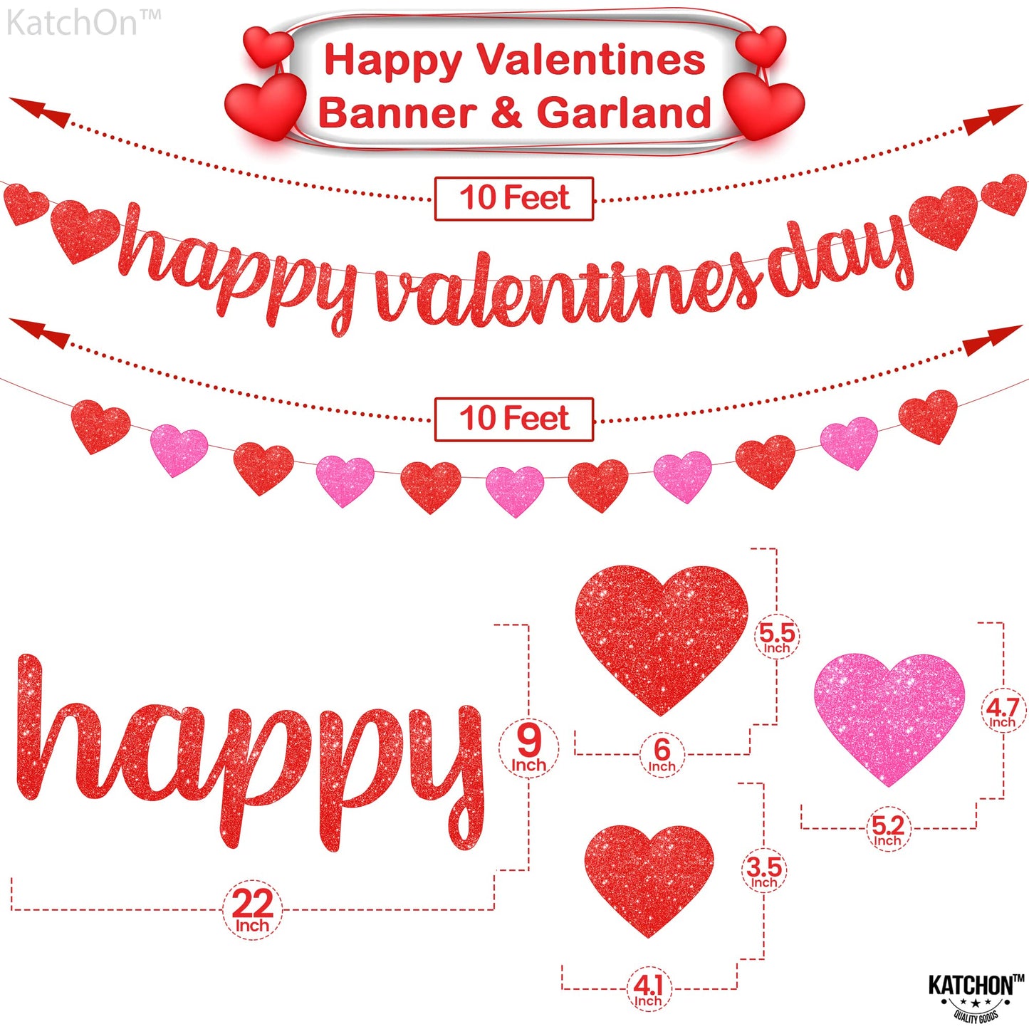 KatchOn, Glitter Happy Valentines Day Banner - 10 Feet, No DIY | Red Pink Heart Garland for Valentines Day Decorations | Valenti
