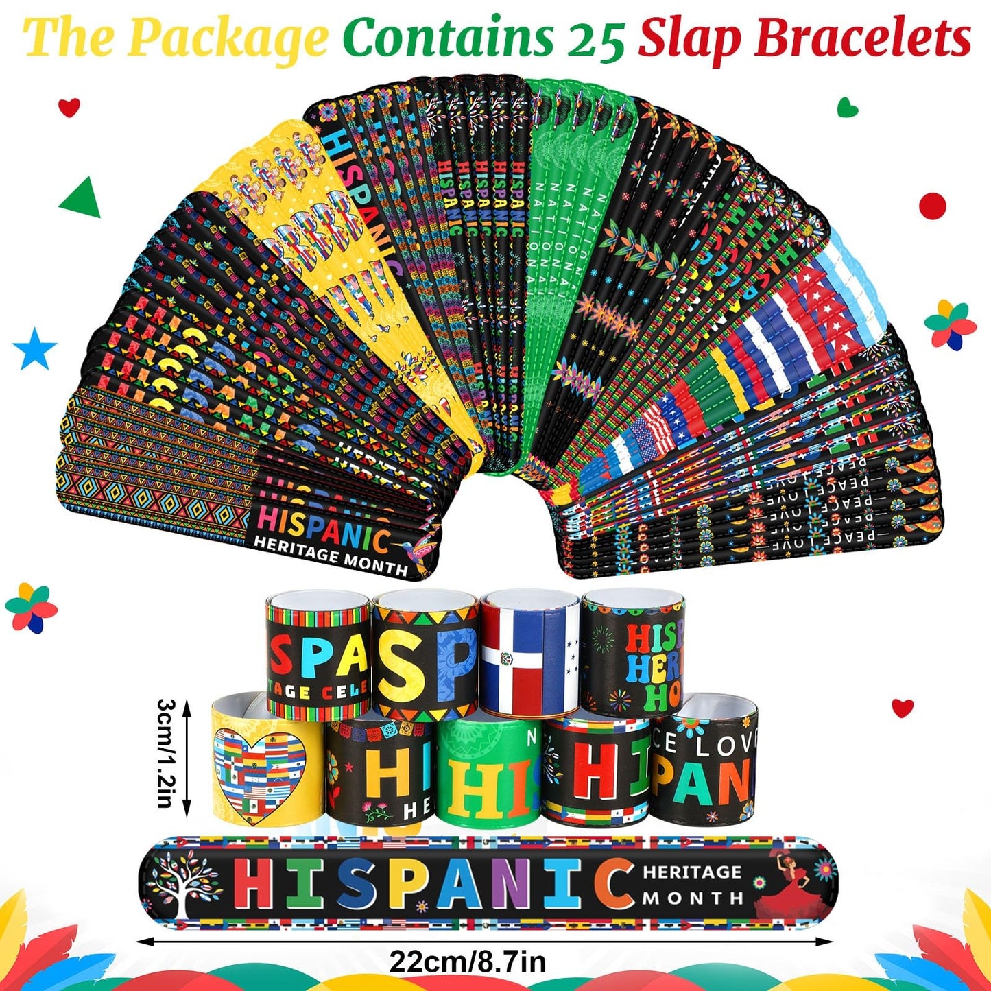Junebrushs 50Pcs Hispanic Heritage Month Party Favors, Slap Bracelets And Silicone Wristbands Bracelets In Bulk For Kids Hispani