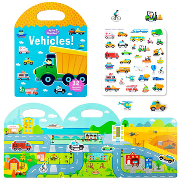 Portable Jelly Quiet Busy Sticker Book, Vehicles Reusable Sticker Books For Kids, Toddler Sticker Activity Book Preschool Learning Activities Educational Toys For Girls Boys Age 3+ Birthday Gifts
