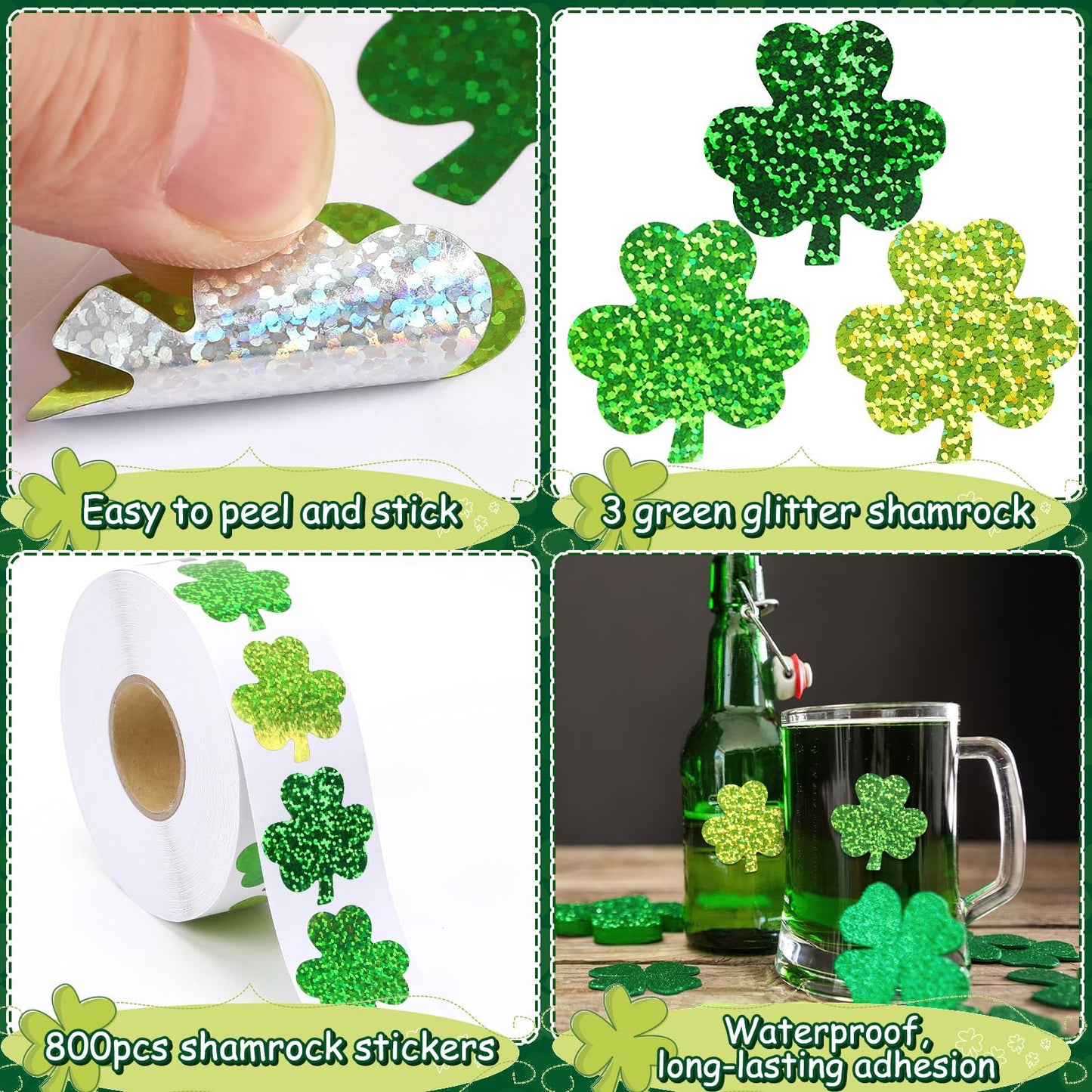 DECYOOL 800 Pcs St Patricks Day Stickers, Glitter Shamrock Stickers Roll Green Sparkly Lucky Stickers Saint Patricks Day Sticker