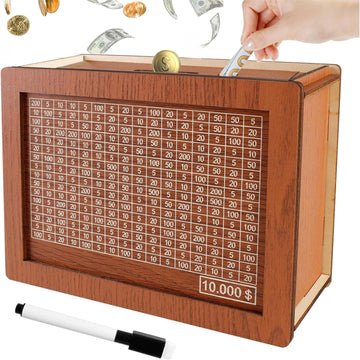 Savings Challenge Box, 10K Wooden Piggy Bank With Counter, Money Saving Box For Kids And Adults, Savings Goal Of $10000, Easy To