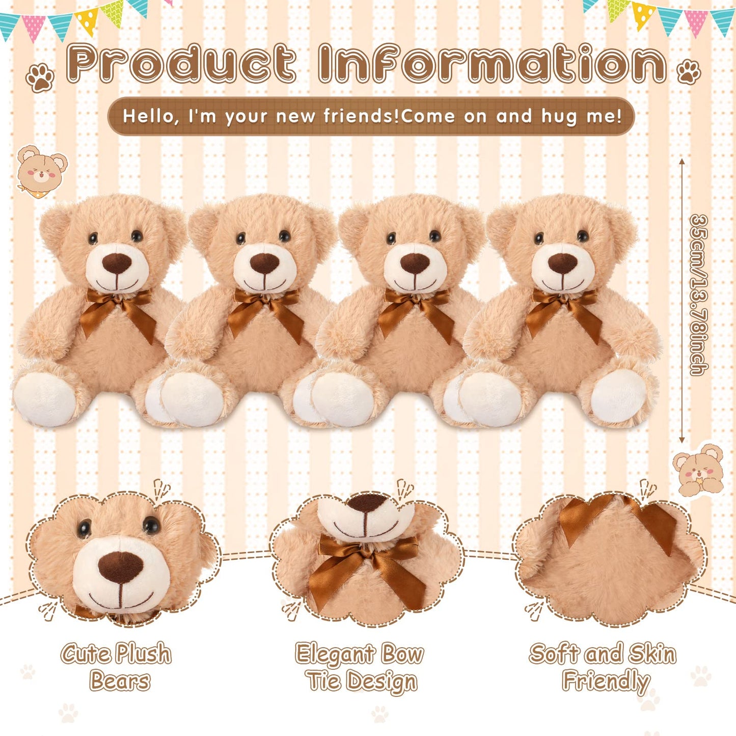 Civaner 4 Pack 14 Inches Bear Plush Stuffed Animals Cute Soft Bears Gifts Bulk For Girls Boys Girlfriend(Light Brown)