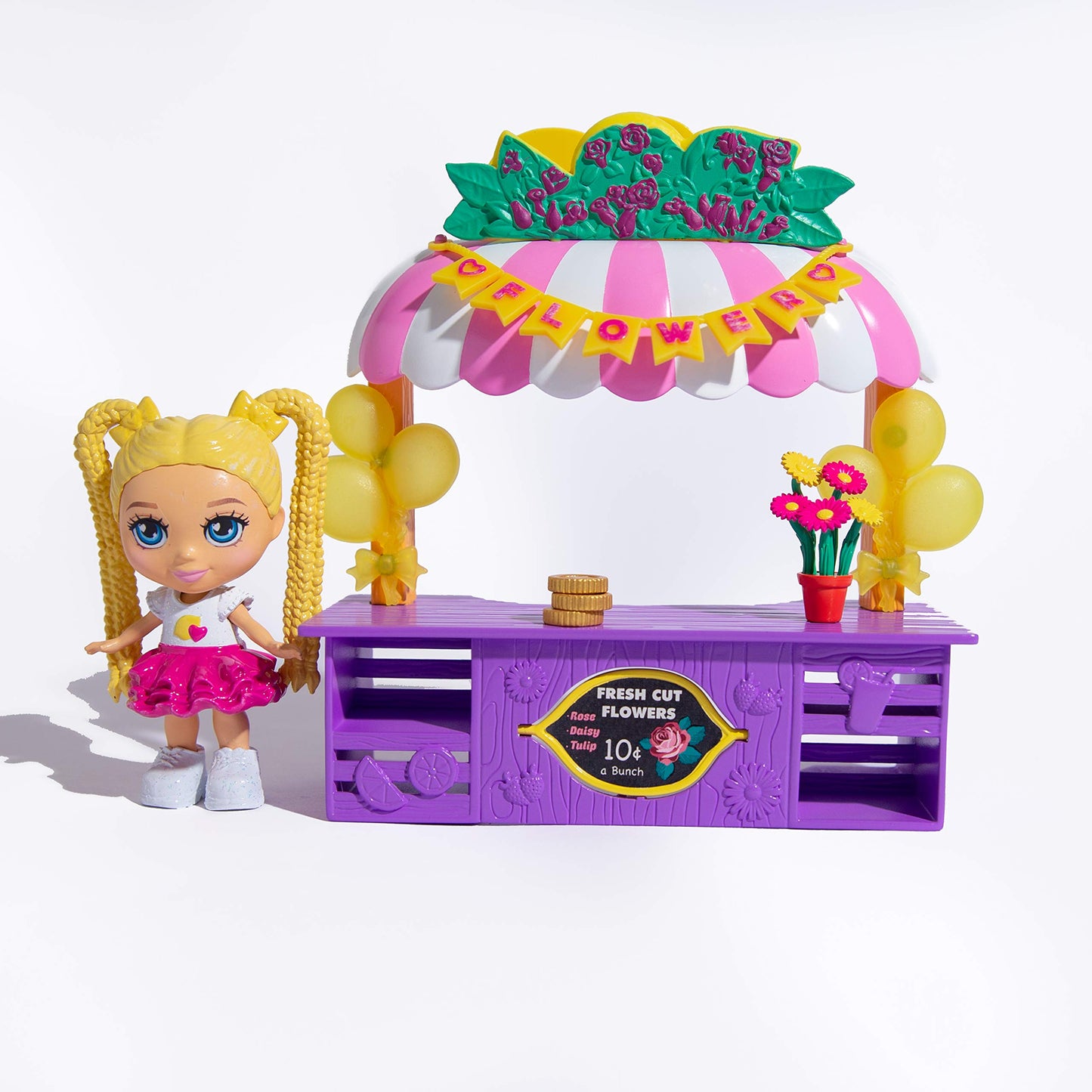 Far Out Toys Love, Diana, Kids Diana Show, Fashion Fabulous Doll With 2-In-1 Lemonade And Flower Stand Pop-Up Shop, 11 Surprise Play Pieces, Purple Lemonade Stand Flips Into Gorgeous Flower Stand, Ages 3+ (33042)