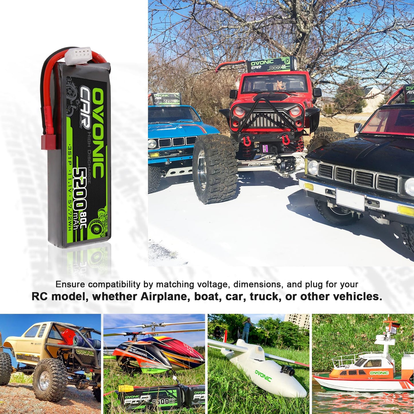 OVONIC 3S Lipo Battery 5200mAh 11.1V 80C RC Battery with Deans T Connector for RC Car Boat Truck Helicopter Airplane Racing Mode