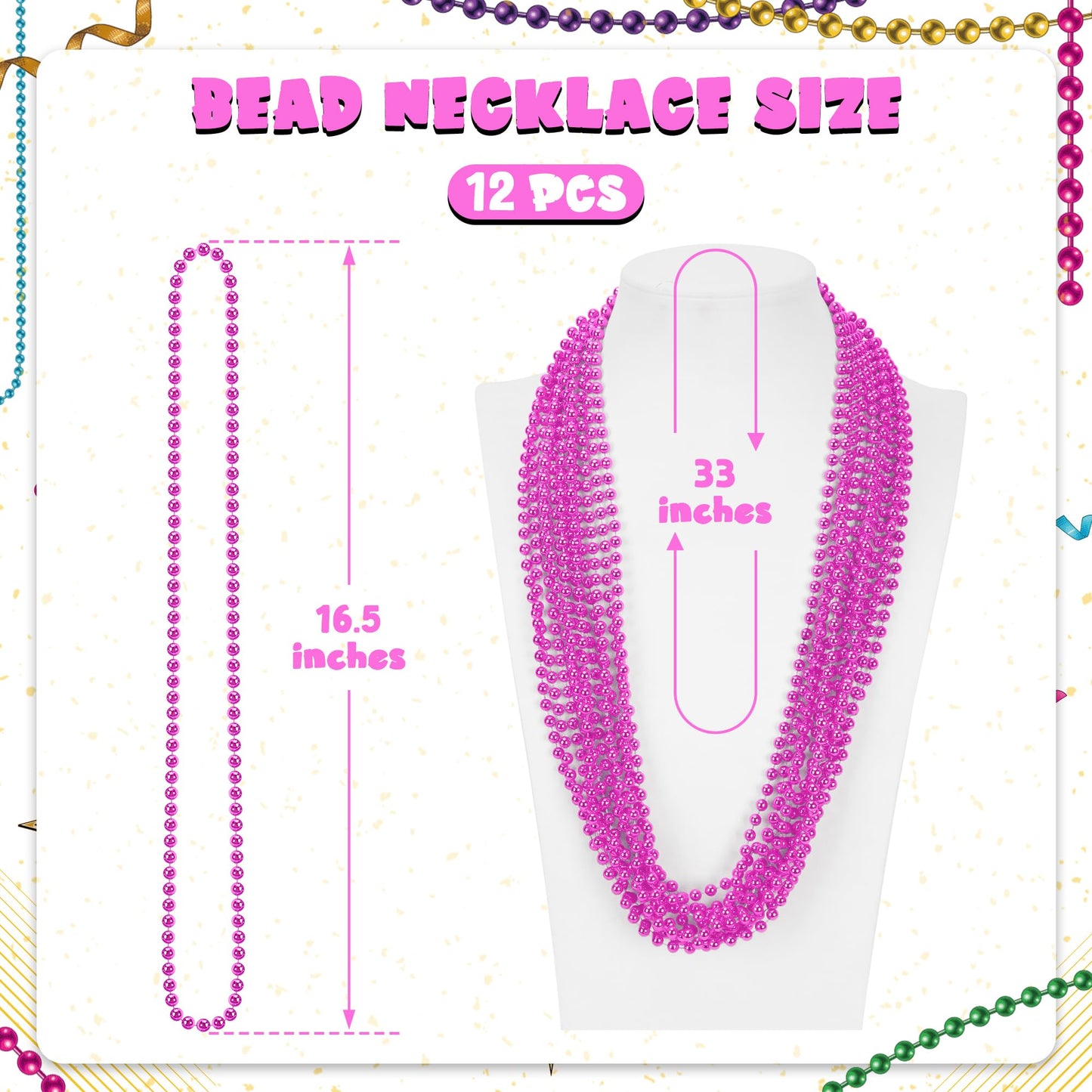 Huskein 12 PCS Pink Beads Necklaces, 33'' Mardi Gras Beads Party Favors, Festival Parade Throws Stuff, Round Beaded Necklaces Pa