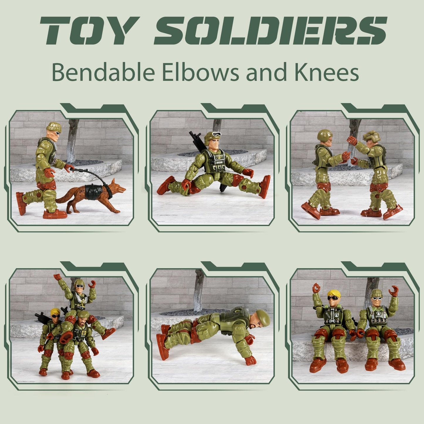 HAPTIME Army Men Action Figures with   Toy Soldiers for Boys  Plastic Army Toys for Boys 6-8  Birthday Gift for Military Collectors (6Pcs Green)