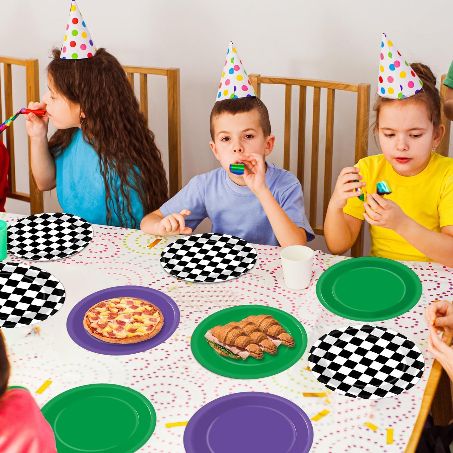 CHUNNIN 48PCS Green Purple Monster Truck Party Paper Plates for Monster Truck Themed Party Supplies 7  Checkered Racing Car Birt