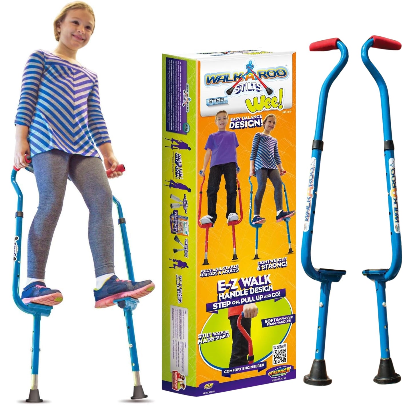 Geospace Original Walkaroo Steel 'Wee' Balance Stilts with Adjustable Height for Little Kids & Beginners (Ages 4+ and up to 120 lbs) for Active Play & Excercise (Blue)