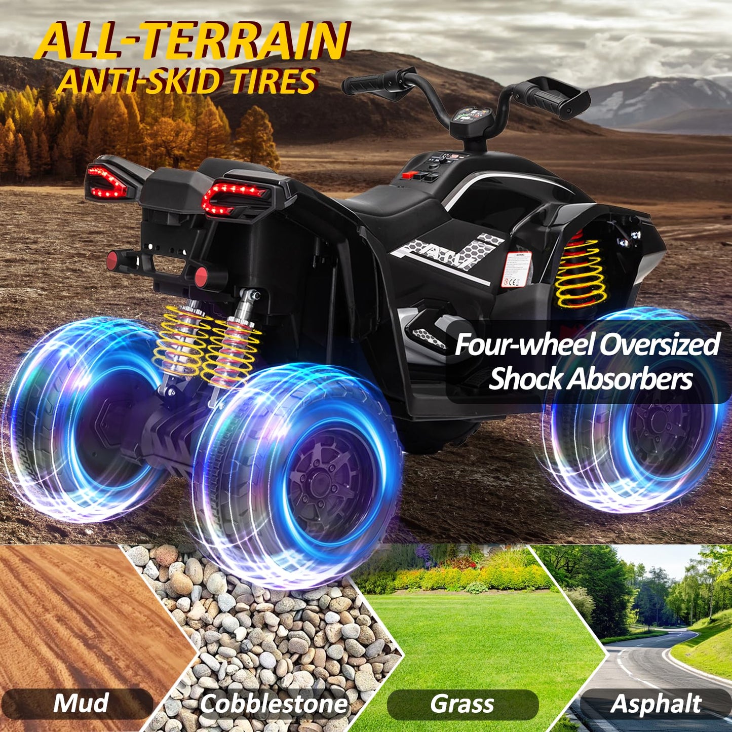 Kids Atv 4 Wheeler, 24V 2 Seater Electric Atv Quad W/4Wd Motor, Protective Gear Set, Bluetooth, Led Lights, Spring Suspension, B