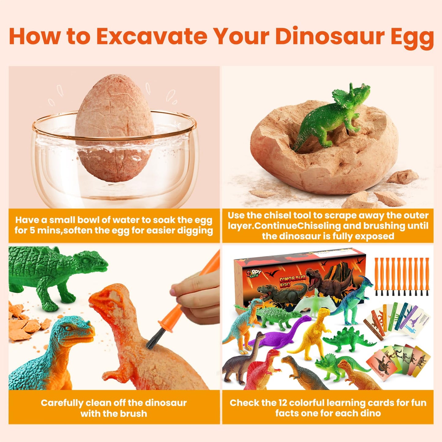 Zippytots Dino Eggs Excavation Dig Kit-12 Unique Dinosaur Eggs With Educational Learning Cards -Easter Eggs Stem Science Activit