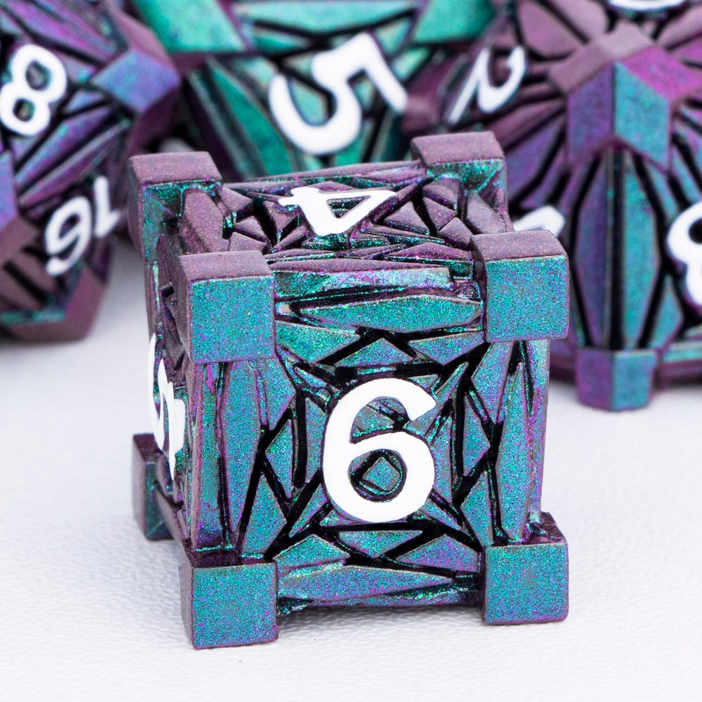 ORIFANTOU 7PCS Metal DND Dice Set with Box, Debris RPG Green Purple D and D Dice for use with D&D Tabletop Games Role Playing Ga
