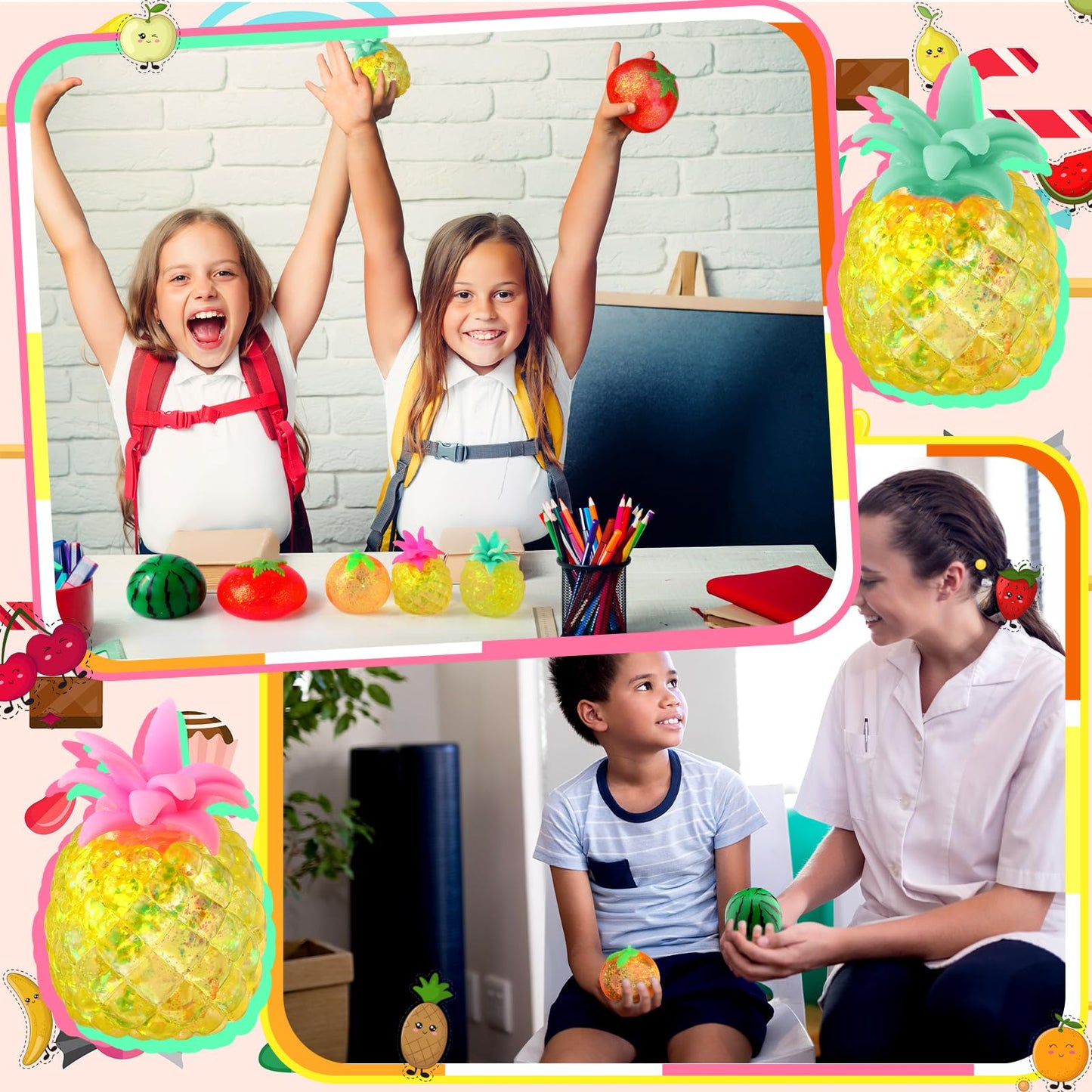 Meooeck 12 Pcs Fruit Stress Relief Toys Watermelon Orange Stress Balls Fidget Toys for Adults Relief Mini Squeeze Fruit Party Fa