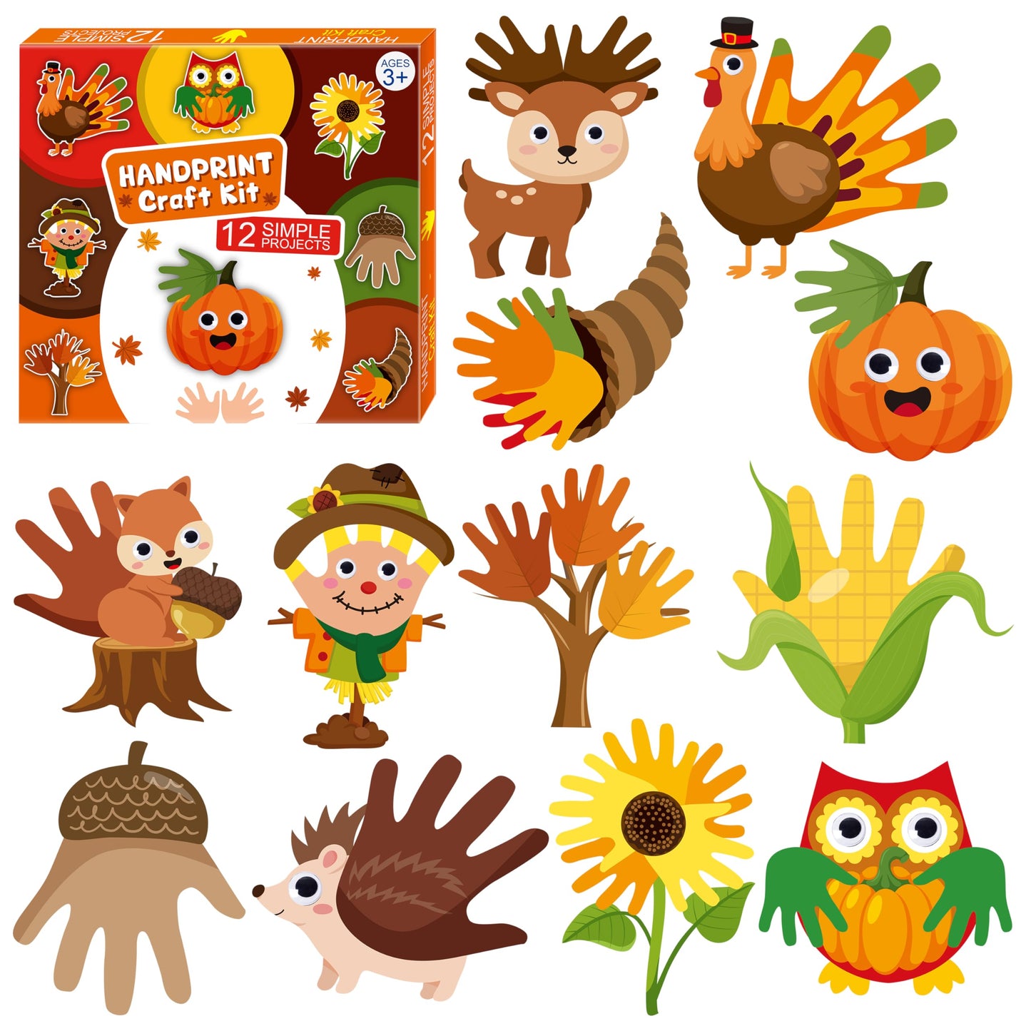 WATINC Fall Handprint Art Craft - 12Pcs Autumn Pumpkin Turkey Owl Easy DIY Craft Kit, Scarecrow Forest Animals Themed Hand Print