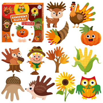 WATINC Fall Handprint Art Craft - 12Pcs Autumn Pumpkin Turkey Owl Easy DIY Craft Kit, Scarecrow Forest Animals Themed Hand Print