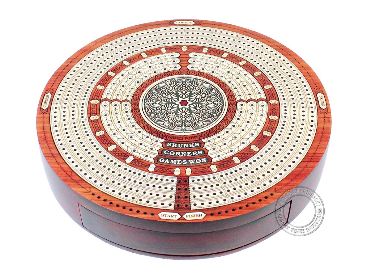 House Of Cribbage - Round Shape 4 Tracks Continuous Cribbage Board Bloodwood/Maple With Push Drawer & Place For Skunks, Corners & Won Games