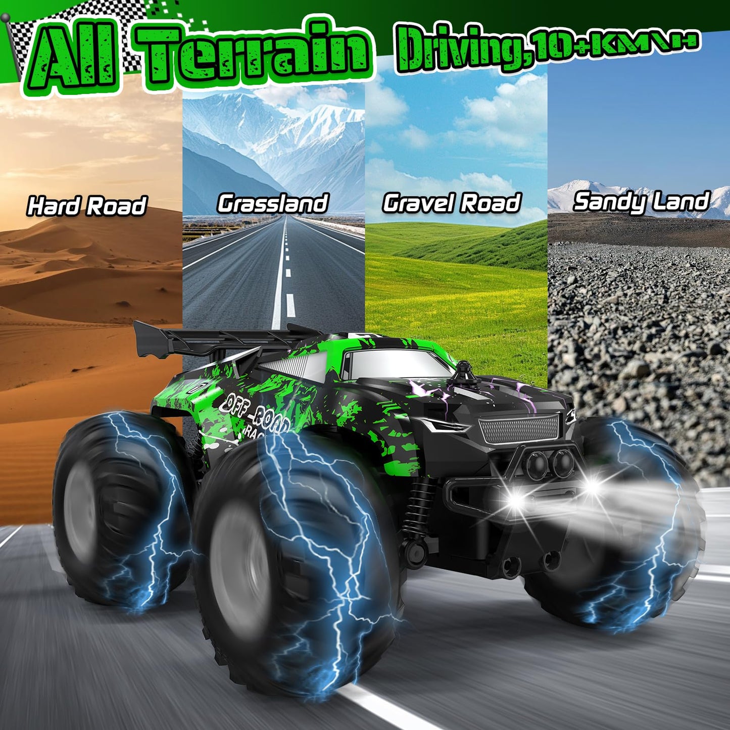 Hielse Remote Control Car, All-Terrain Remote Control Car for Boys, Rechargeable Rc Truck with LED, 1:20, 10KM/H, 2 Motors, 2.4G