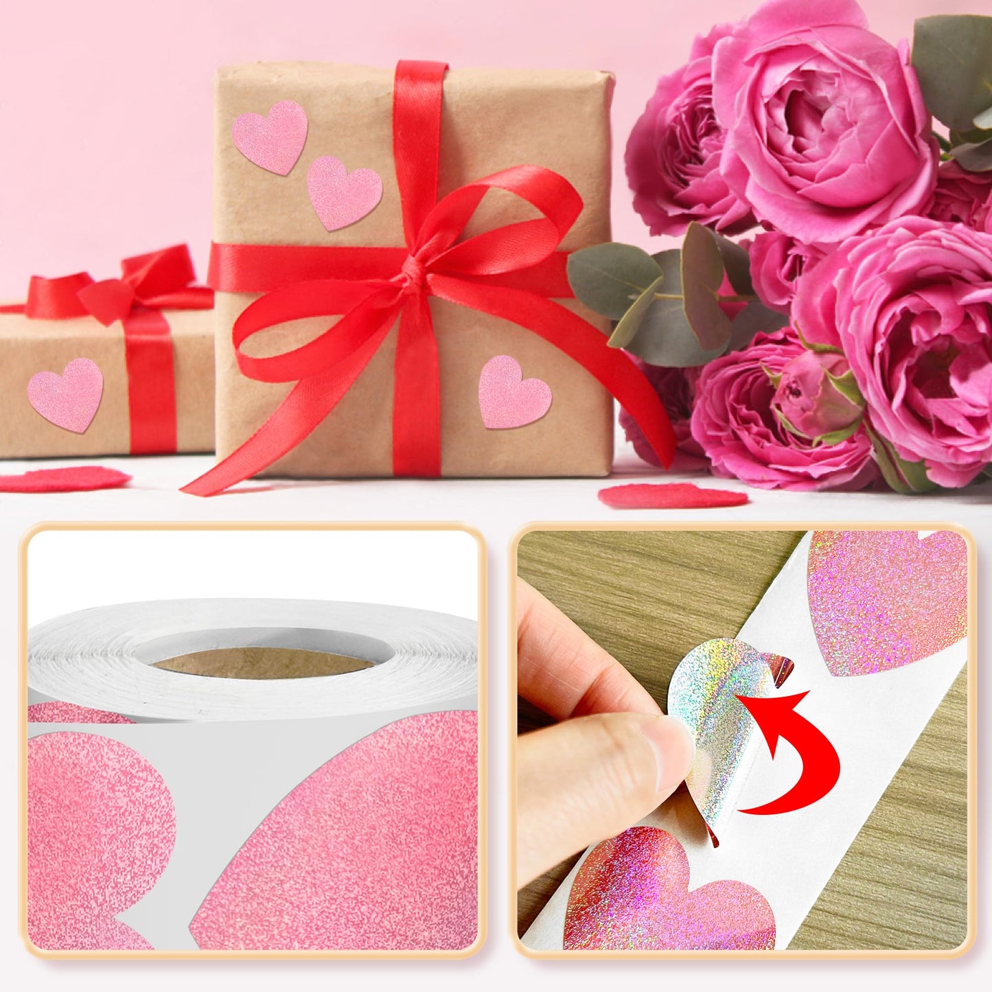 Pink Heart Stickers,1.5 Glitter Valentines Stickers 500 per Roll,Valentines Day Decorations(Pink)