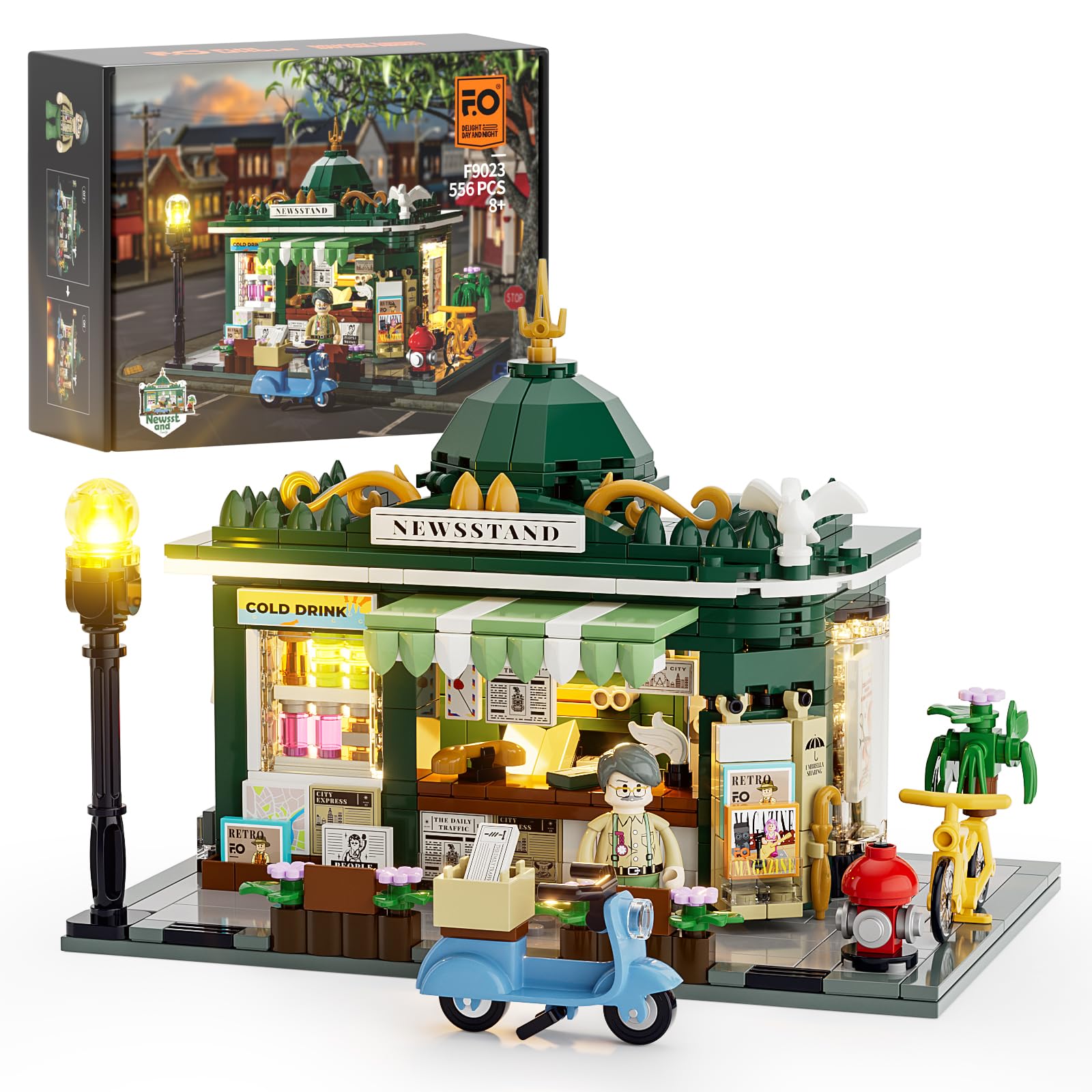 Funwhole Newsstand Lighting Building Bricks Set - City Town Life Newsstand Led Light Construction Building Model Set 556 Pcs For Adults And Teen