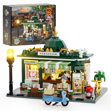 Funwhole Newsstand Lighting Building Bricks Set - City Town Life Newsstand Led Light Construction Building Model Set 556 Pcs For Adults And Teen