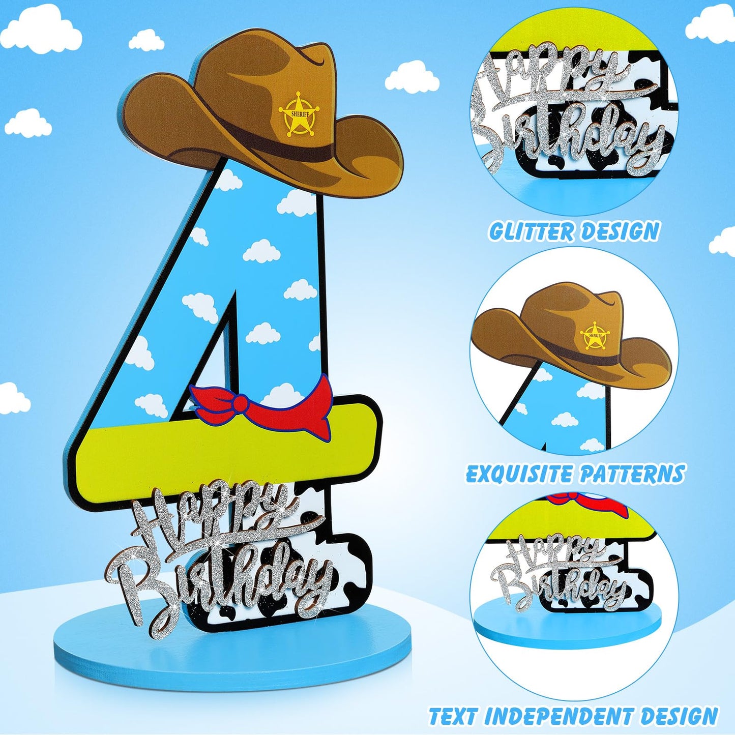 Vercraft Toy Theme 4th Birthday Party Number Centerpiece Cartoon Party Number Sign Blue Sky and White Cloud Cow Birthday Sign fo