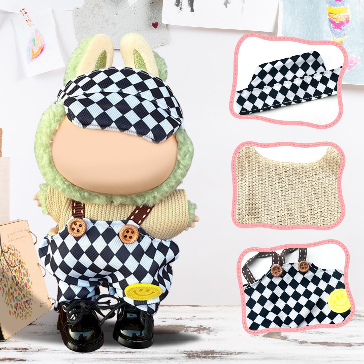 17cm Doll Clothes Labubu Clothes for 6.7inch(17cm) Dolls enhanced Doll Outfit with Hat and Accessories(Clothes Only) (Black White Beige)