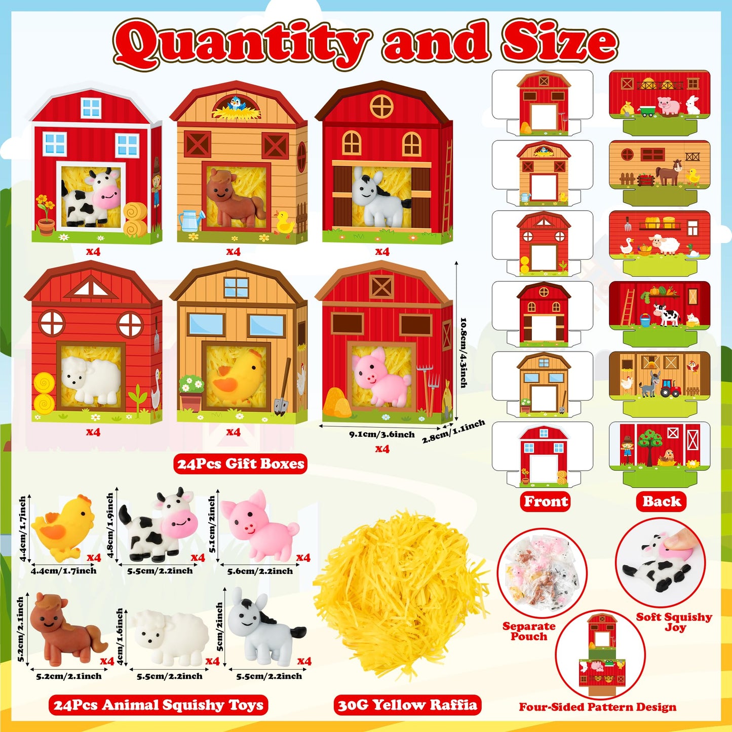 CY2SIDE 24 Pack Farm Animal Squishy Toys with Farm Barn Gift Box and Raffia Filler for Kid  Cute Pig Cow Chicken Novelty Miniature Squishy Toys for Birthday Gift Christmas Goodie Bag Stuffed for Girls