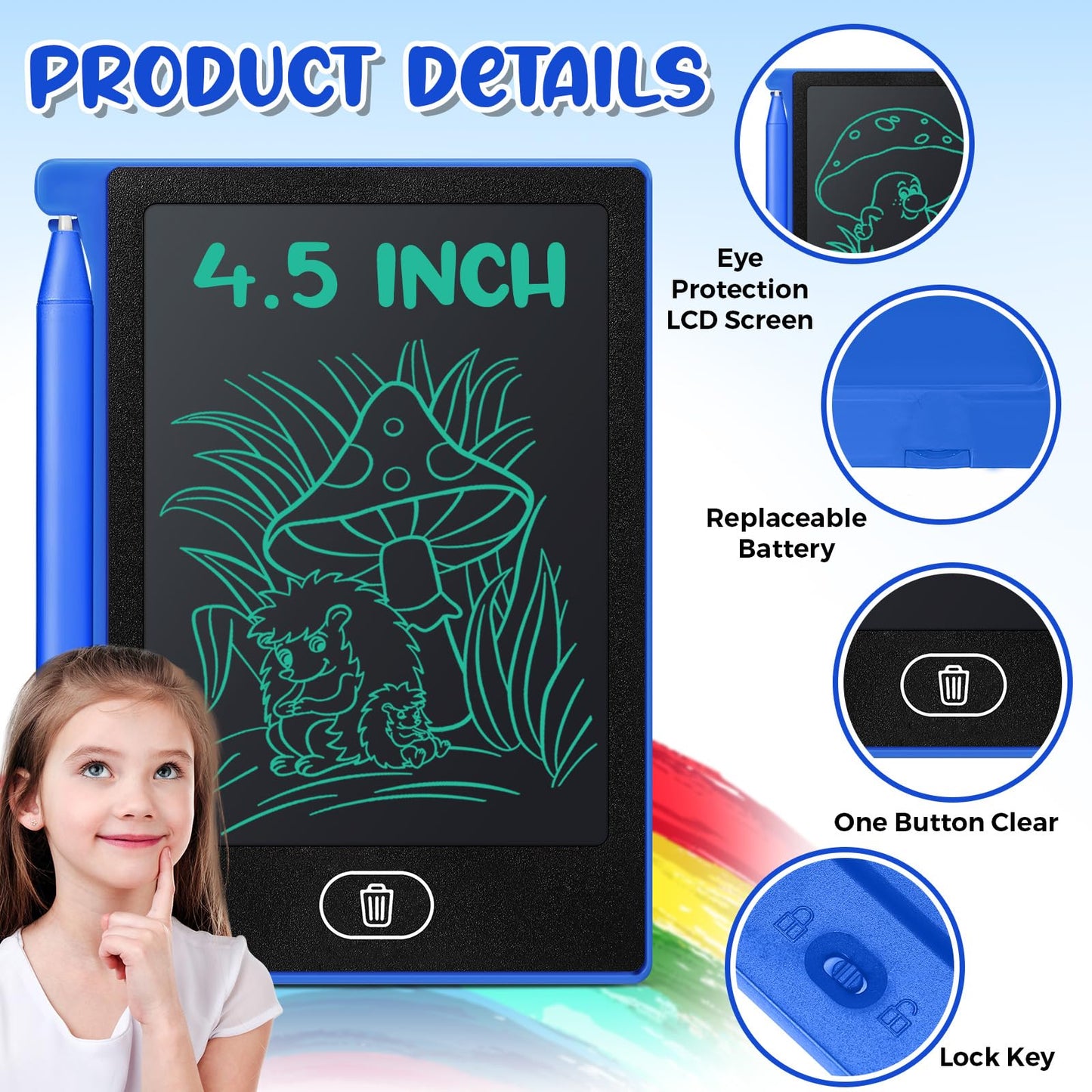 Zhehao Mini LCD Writing Tablet, 4.5 Inch Blue Erasable Drawing Pad, 32 Pcs Educational Toy for Boys & Girls, Birthday Gift