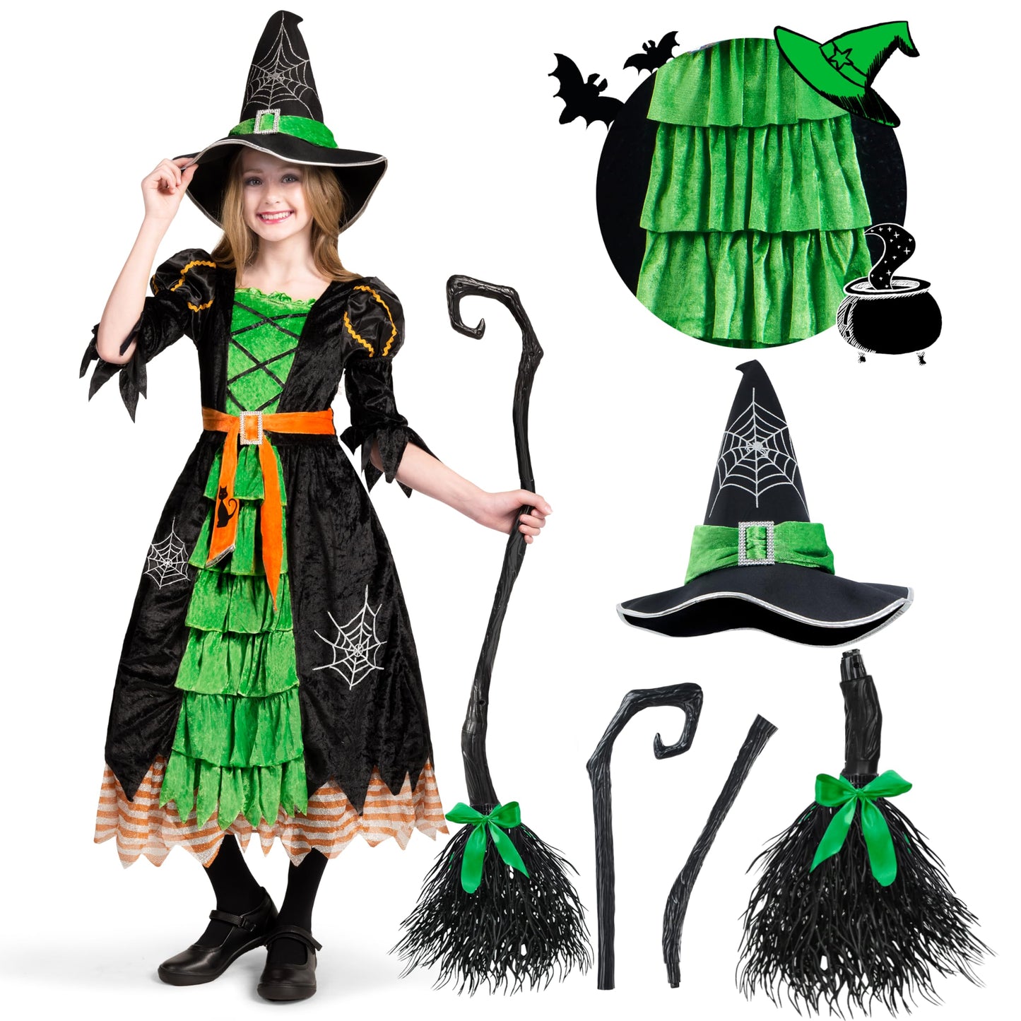 Spooktacular Creations Fairytale Green Cute Witch Dress Halloween Costume Deluxe Set With Hat For Girls (M)
