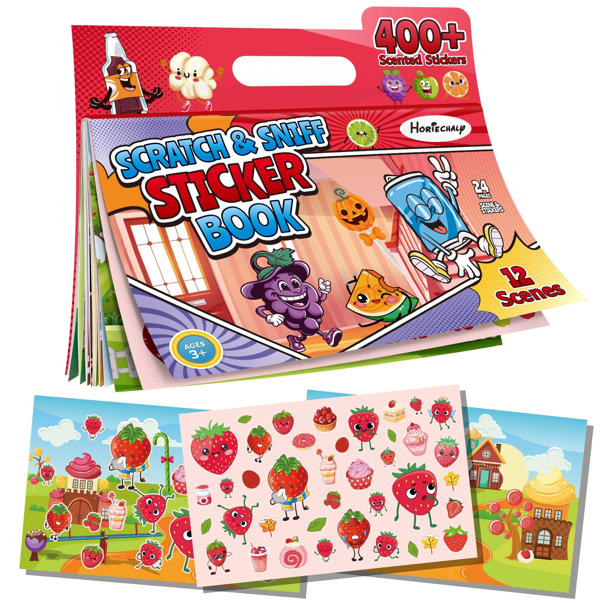 HORIECHALY Sticker Books for Toddlers 2-4 Years, Scratch and Sniff Kid Sticker Book with 12 Scenes & 400+ Scented Food Stickers,