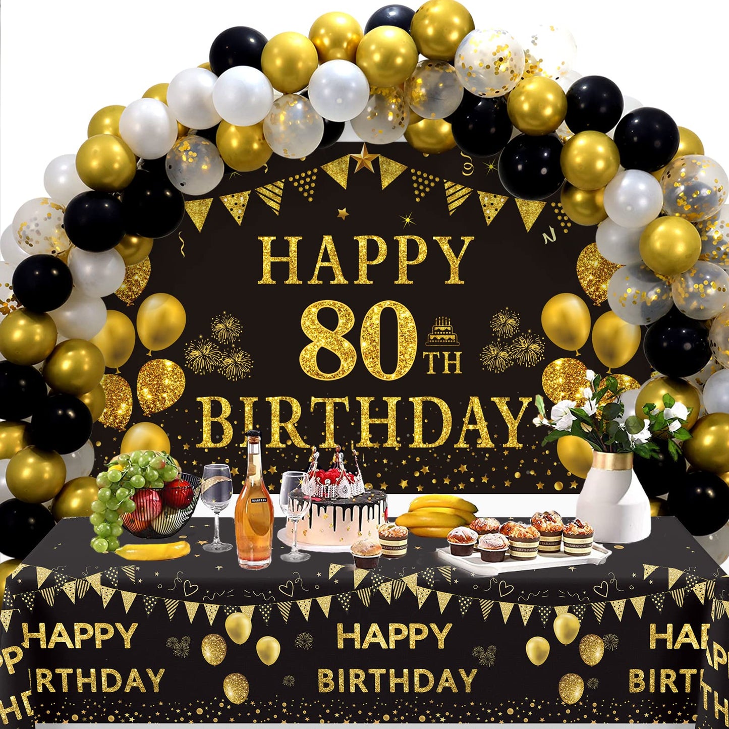 Trgowaul 80Th Birthday Decorations Men Women - Black Gold Happy 80 Birthday Backdrop Banner, 2 Pcs Happy Birthday Tablecloth, 60